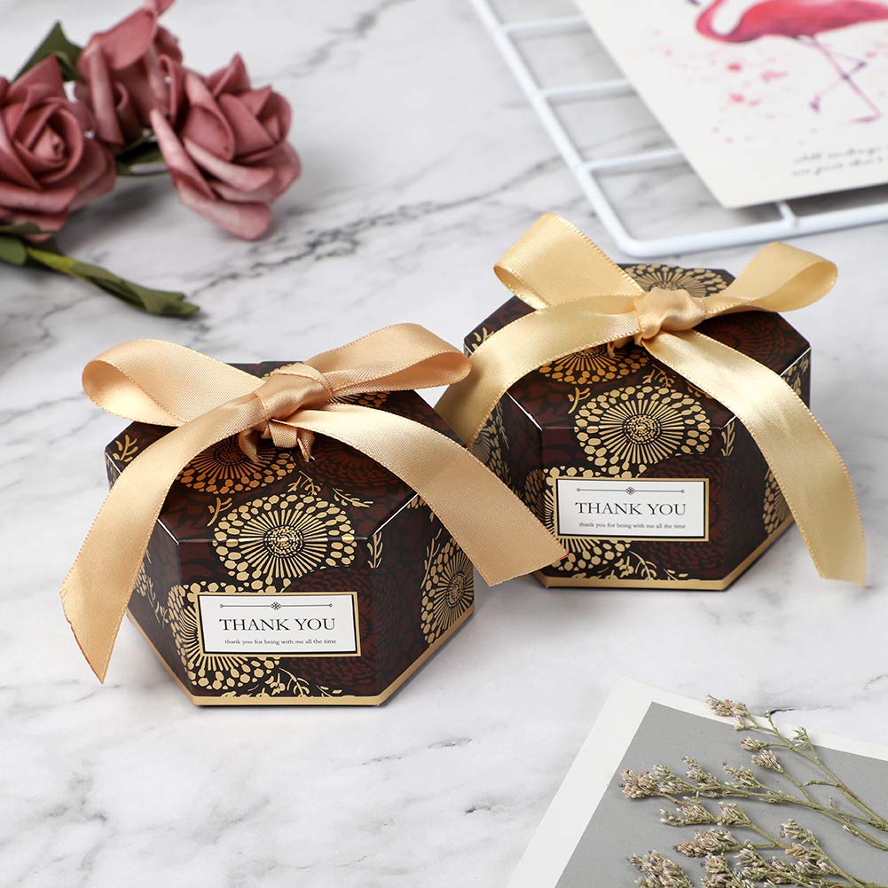 Hexagon Candy Boxes with Ribbon - 100PCS for Baby Shower, Wedding Favors & Gift Packaging (Silver)