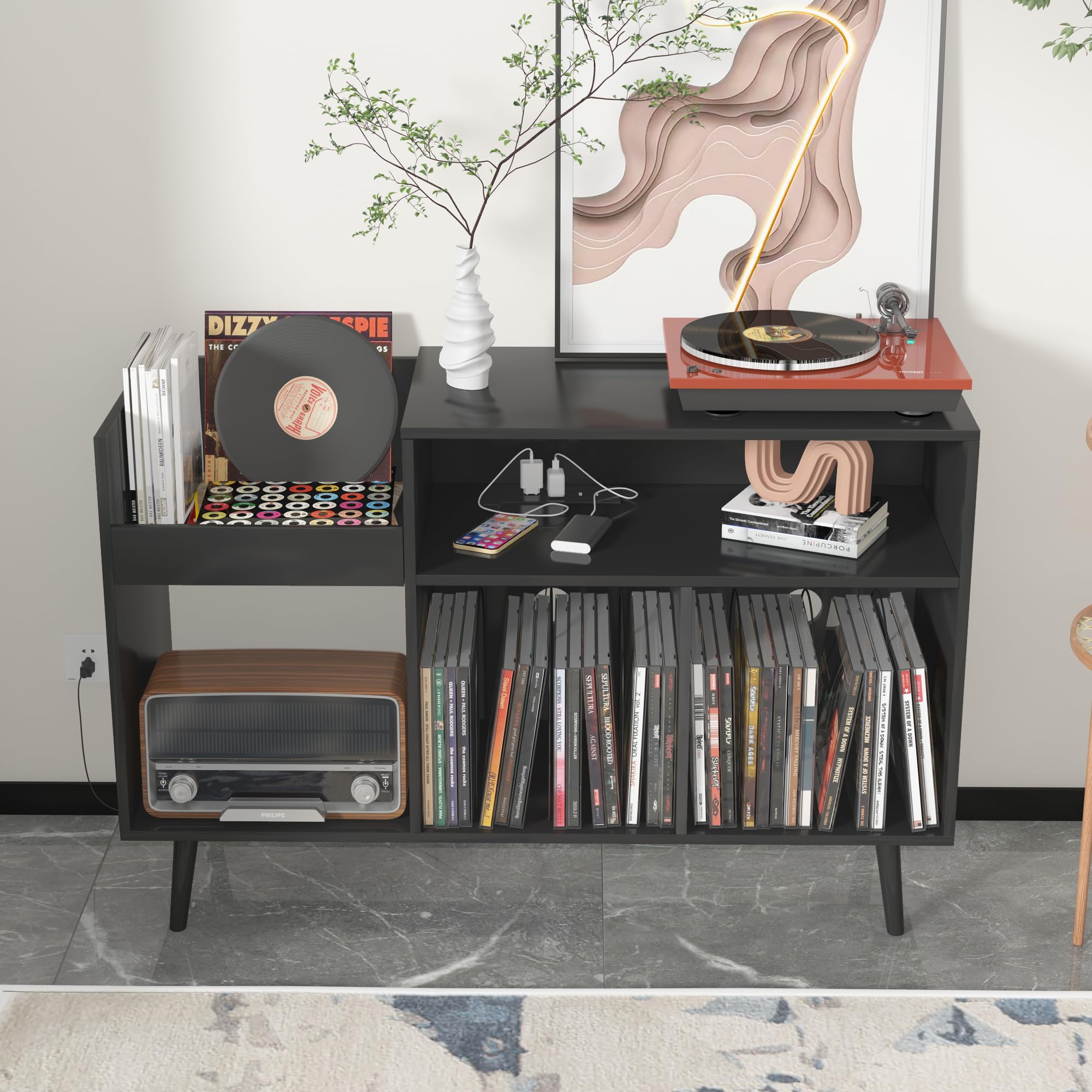 Mid Century Modern Record Player Stand with Charging Station & USB Ports - Vinyl Record Storage Cabinet Holds 350 Albums - Perfect for Living Room, Home Theater & Music Studio Decor