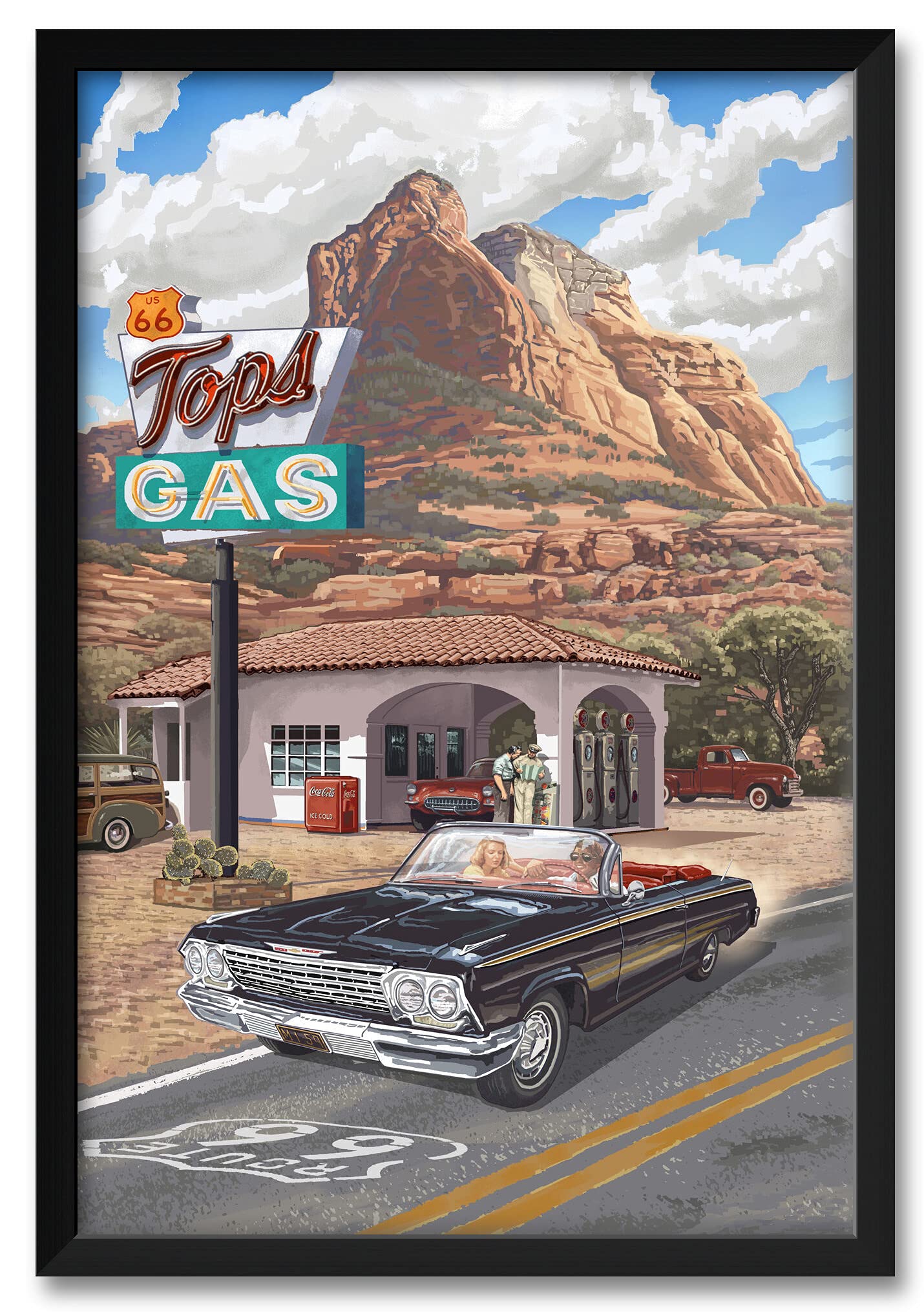 Vintage Route 66 Framed Wall Art Print - 26x38 Inch Travel Poster by Artist Paul A. Lanquist - Perfect for Home Office, Living Room & Man Cave Decor
