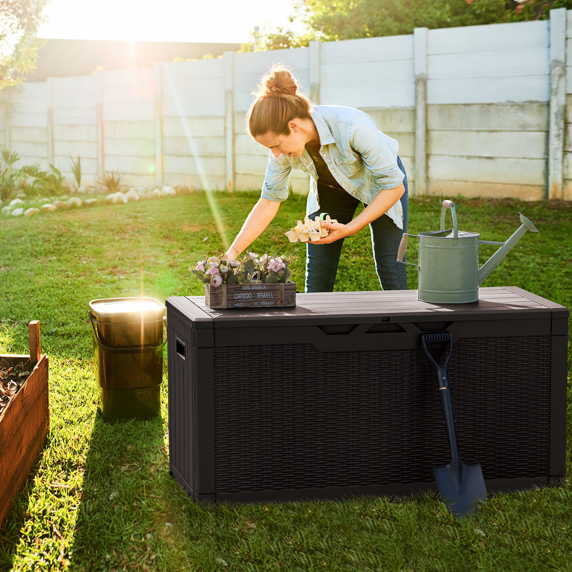 Greesum 100 Gallon Resin Deck Box - Large Lockable Outdoor Storage Container for Garden Tools, Patio Cushions, Pool Accessories (Dark Brown) | Weatherproof Deck Storage Solution for Backyard, Poolside & Patio Organization
