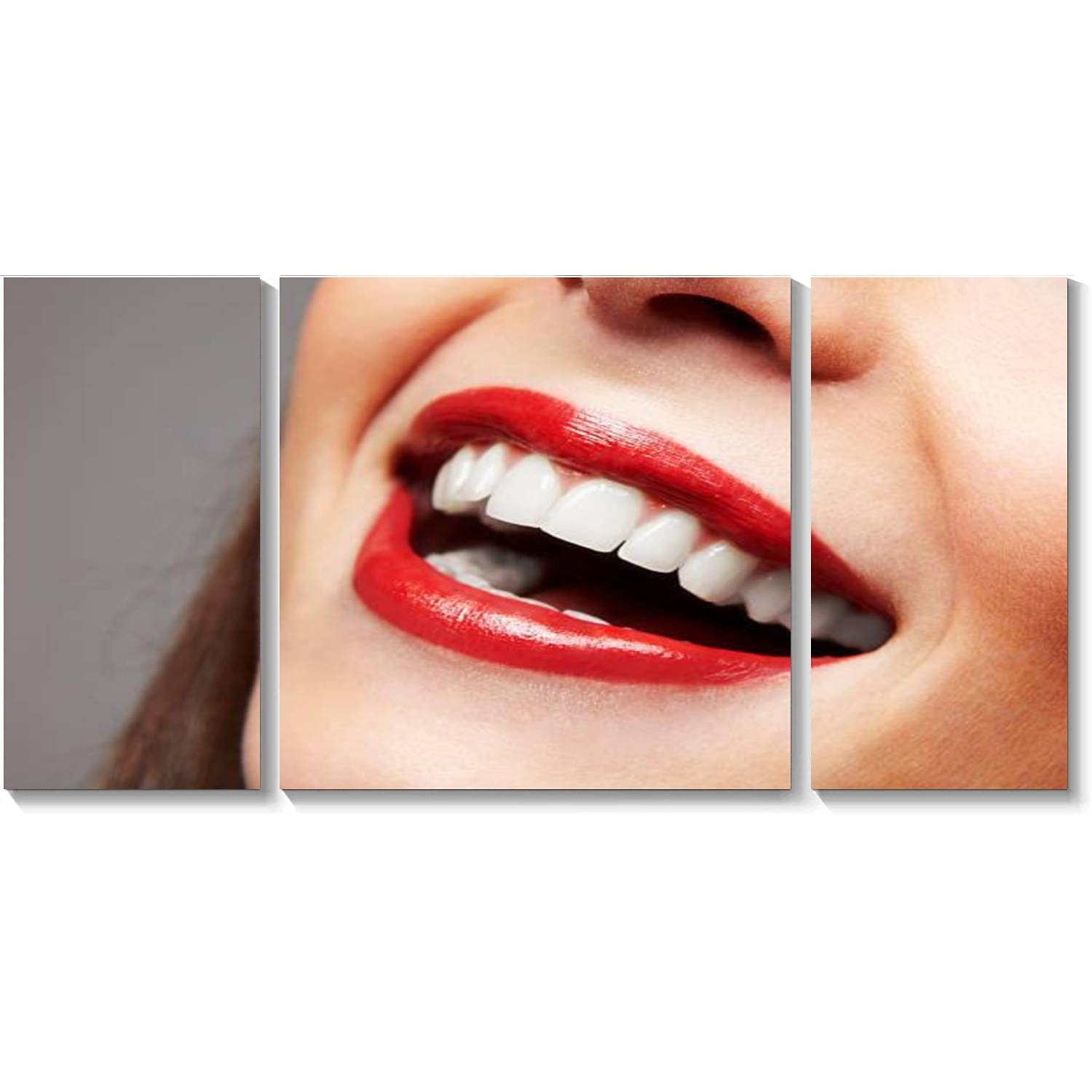 BDMPIZLNSF 3 Panel Smiling Woman Canvas Wall Art - Framed Teeth Portrait Painting on White Background - Ready to Hang Home Decor for Living Room & Bedroom - Perfect for Modern Housewarming Gifts & Office Wall Decor