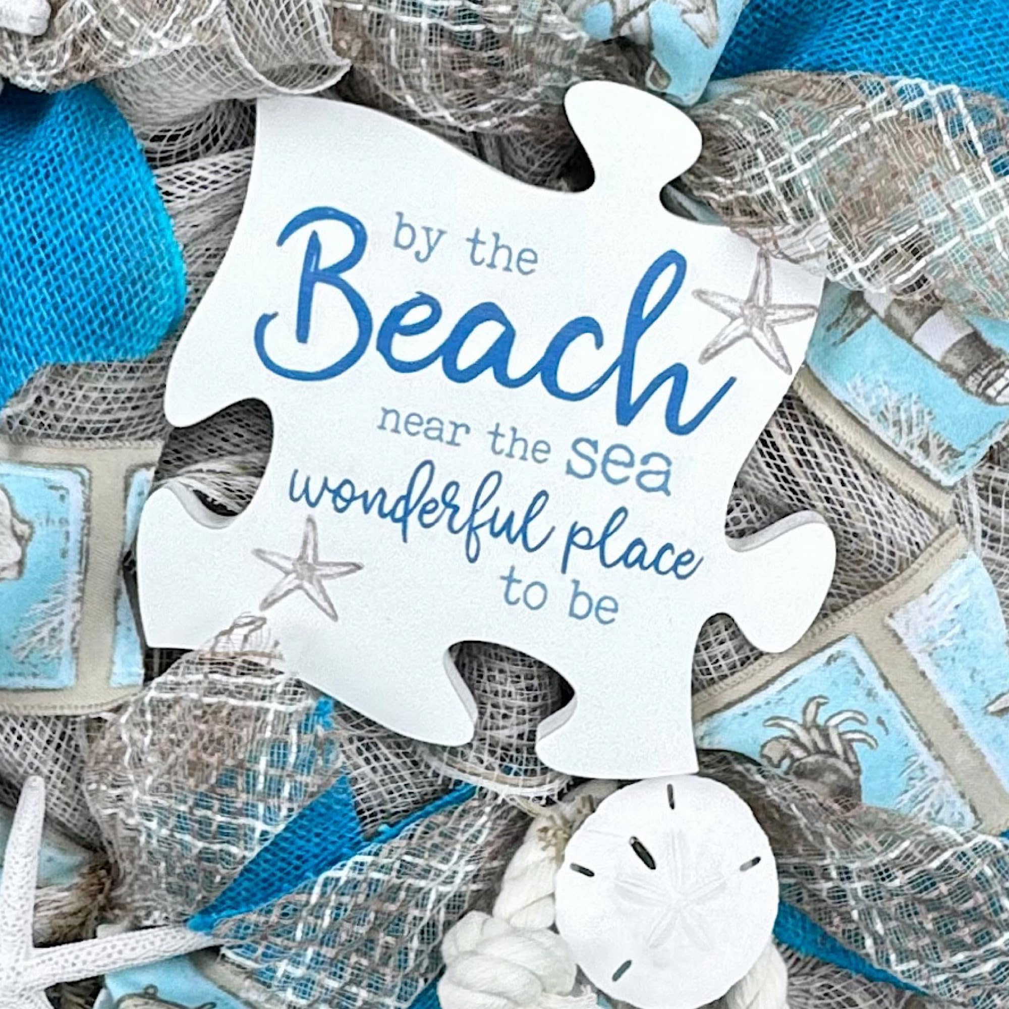 Handmade Coastal Beach Wreath with White Sand Deco Mesh, Starfish, Sand Dollar & Seashells - Perfect for Ocean-Themed Home Decor, Front Door Welcome or Beach House Wall Art