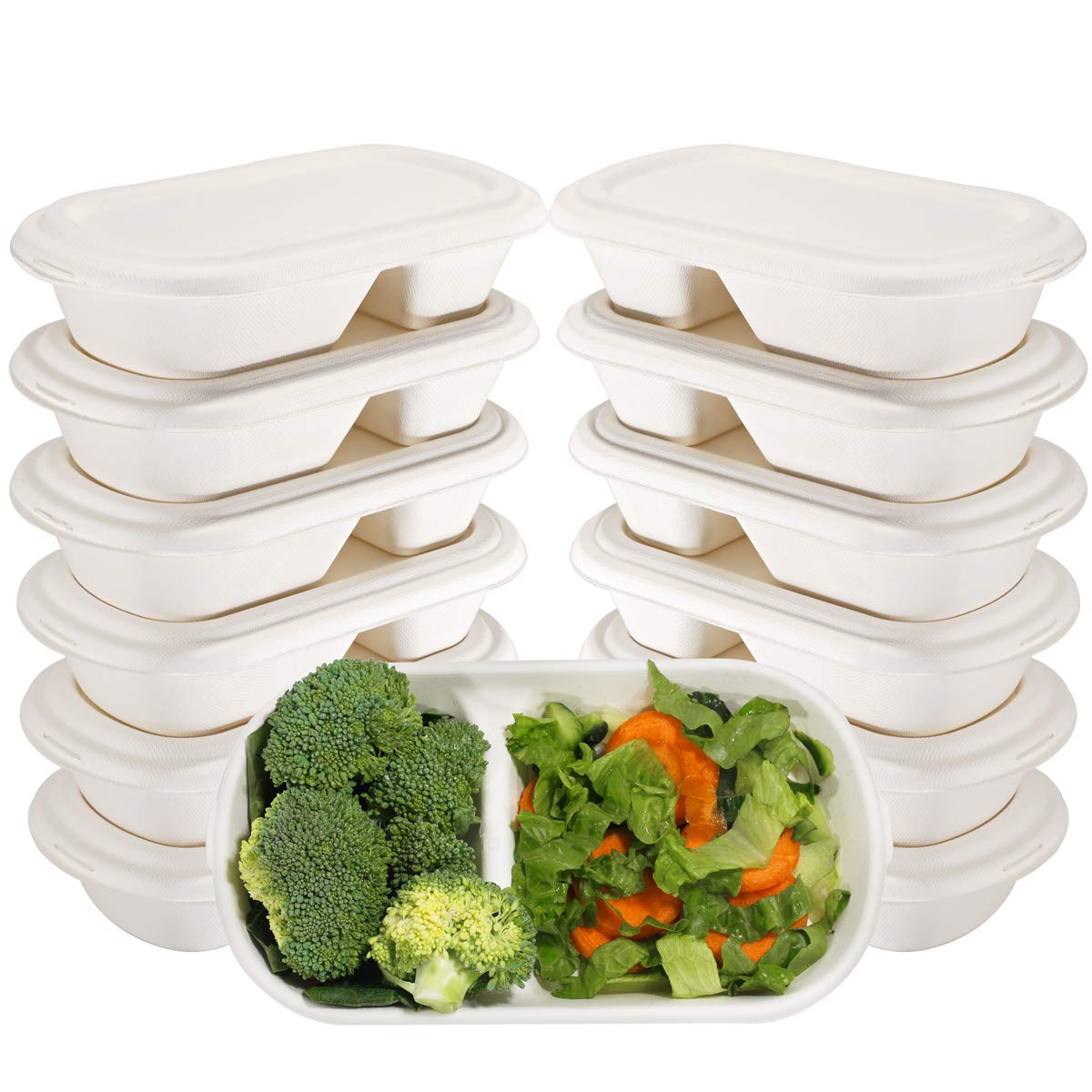 WELLIFE 60 Pack Biodegradable 2-Compartment Food Containers with Lids | 26OZ Eco-Friendly Microwaveable Takeout Boxes | Sugarcane Fiber Bento Boxes for Meal Prep, Leftovers & Picnics | Perfect for Restaurants, Catering & Home Use