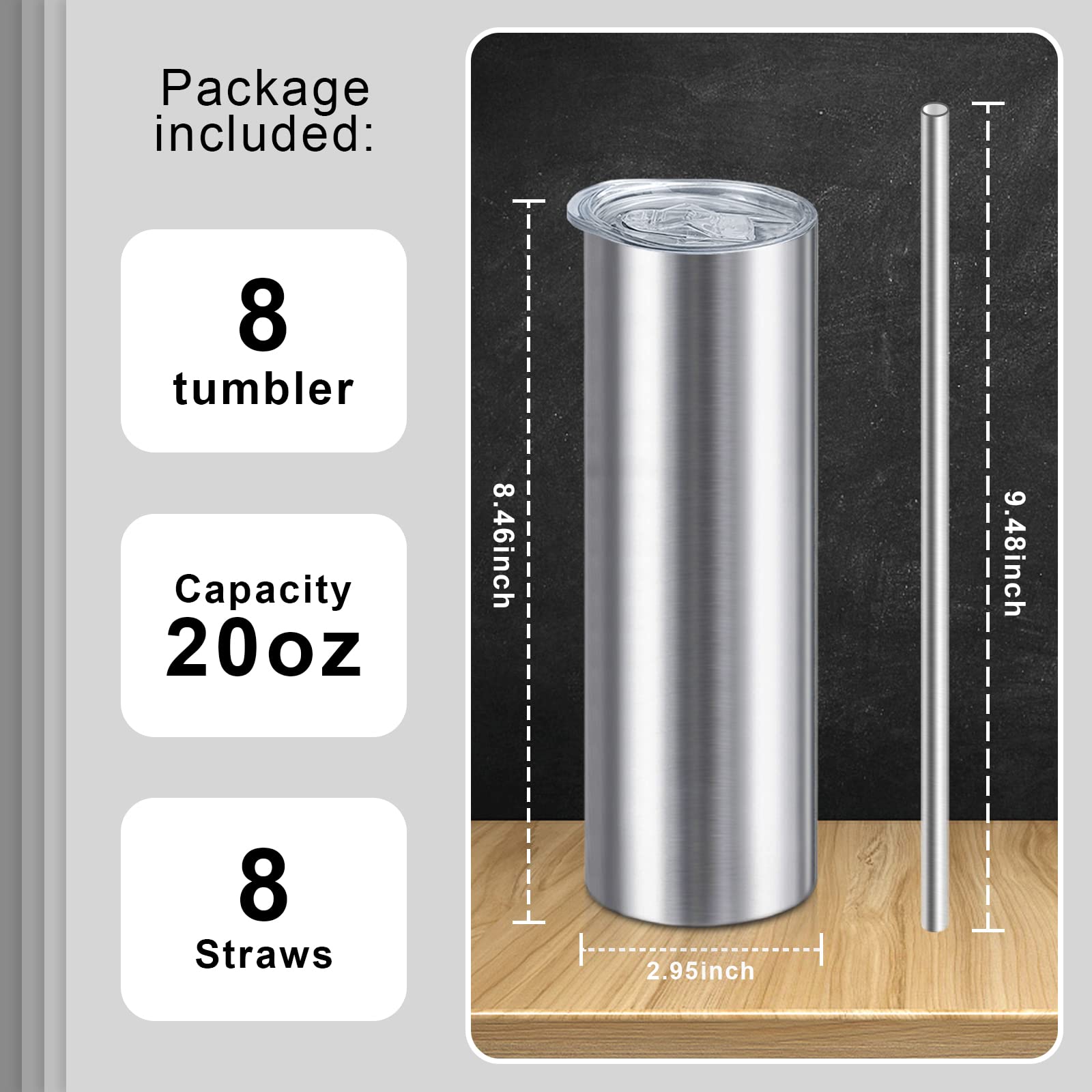 20oz Straight Skinny Stainless Steel Tumblers with Straw - 8 Pack Double Wall Insulated Travel Tumbler for Coffee, Tea & Cold Drinks - Perfect DIY Gift for Men, Women & Friends (Silver) - Ideal for Office, Gym, Camping & Road Trips