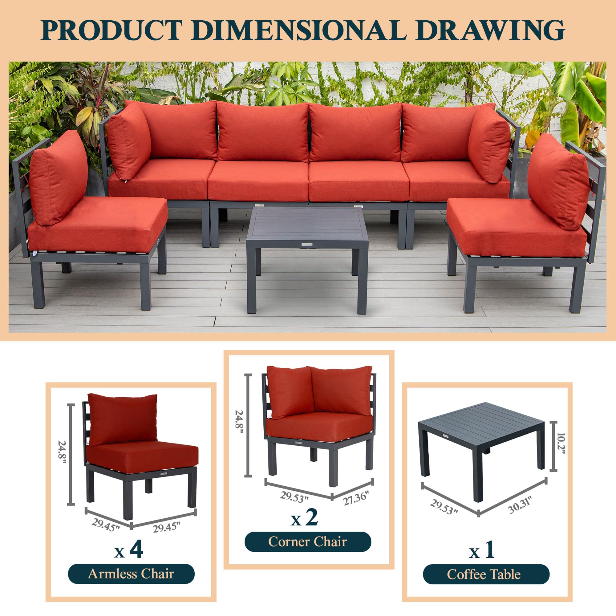 LeisureMod Chelsea 7-Piece Outdoor Patio Conversation Set - Aluminum Sectional Sofa with Weather-Resistant Cushions & Coffee Table (Red) - Perfect for Backyard, Garden, Poolside & Terrace Relaxation