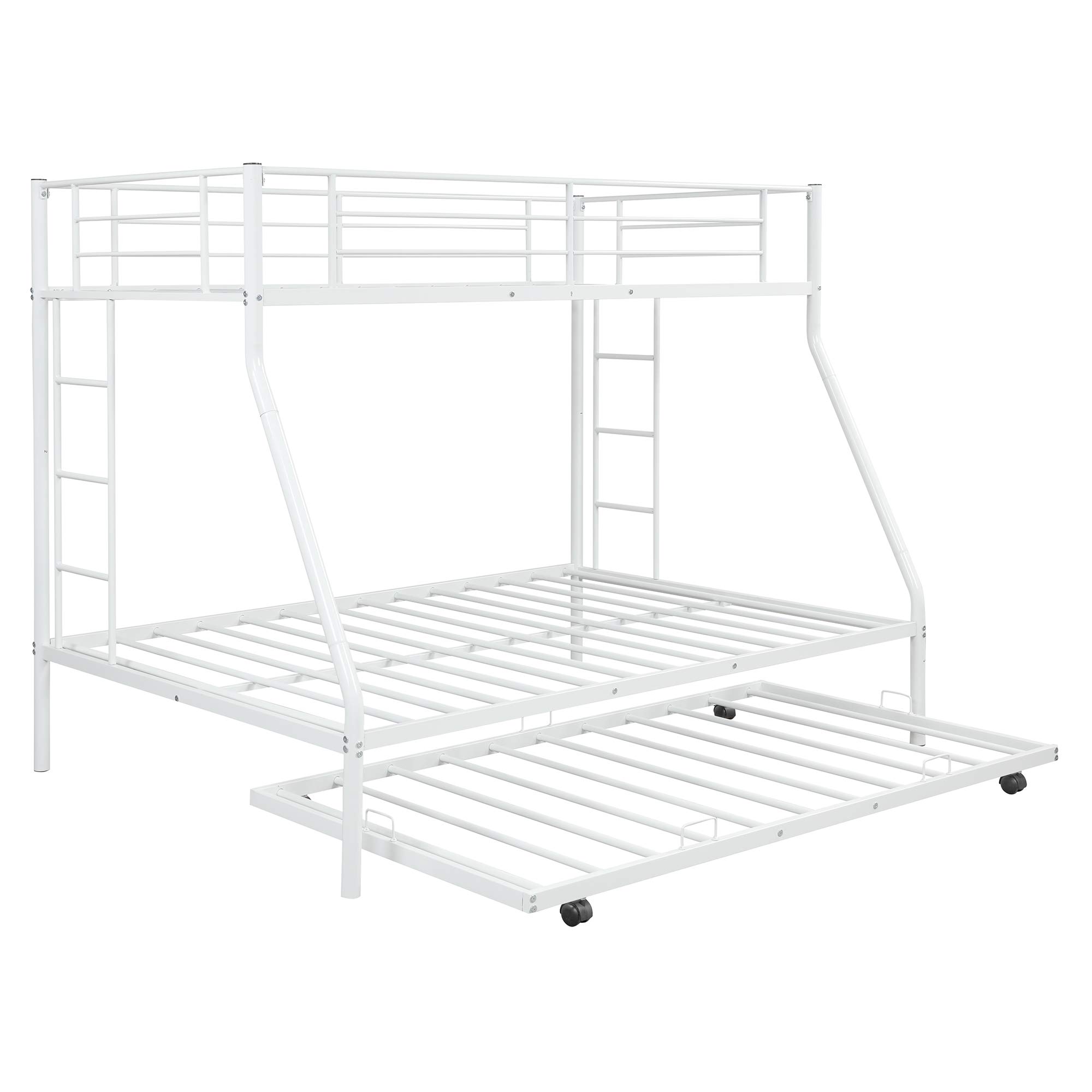 Metal Bunk Beds Twin Over Full Size with 2 Ladders & Trundle Bed - Sturdy Space-Saving Bunk Bed for Kids, Teens & Adults (White) | Perfect for Small Bedrooms, Guest Rooms & Vacation Homes