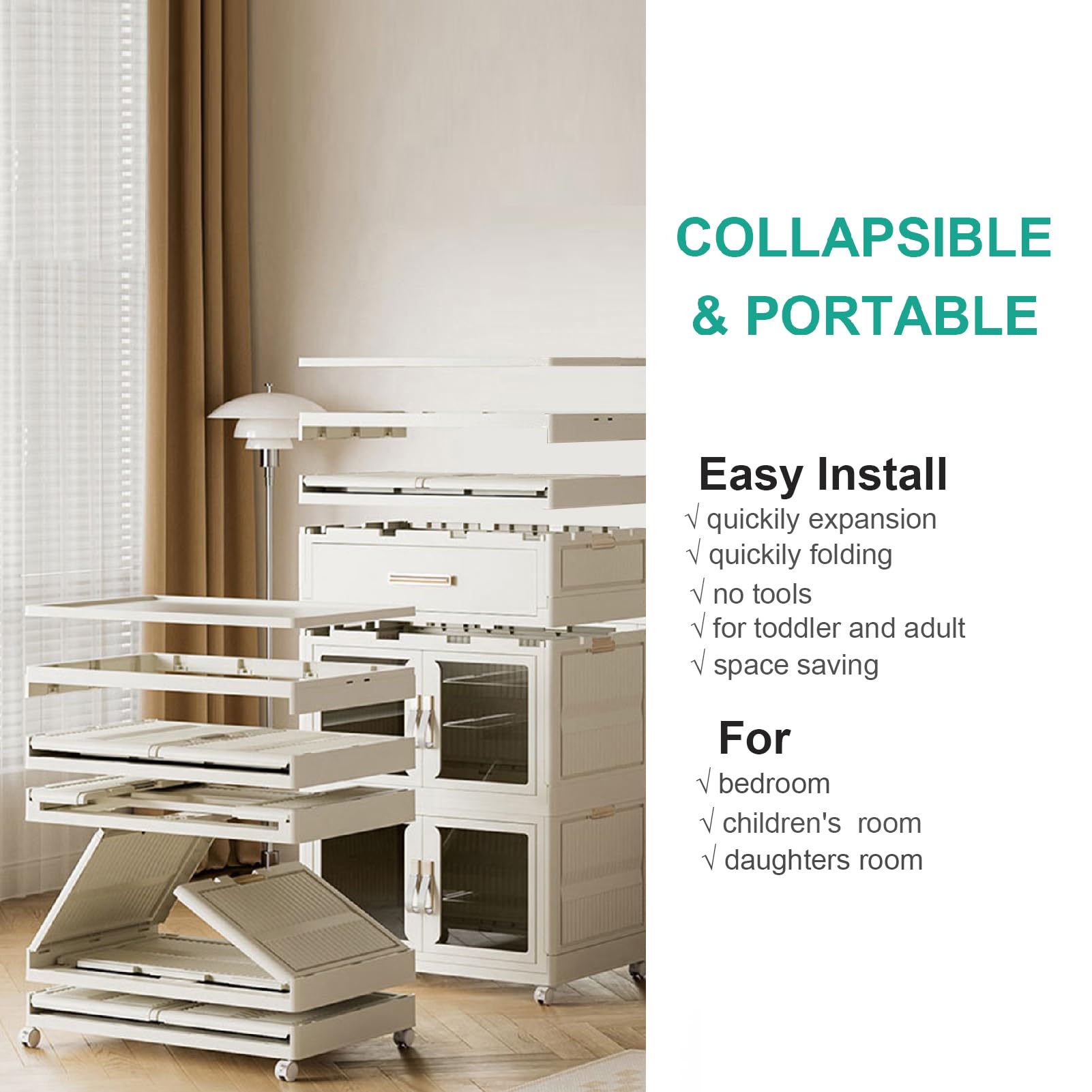 Portable Kids Wardrobe Closet Organizer - Large White Collapsible Storage Cabinet with Hanging Rod for Bedroom | Easy Assembly Plastic Closet for Children's Room, Nursery & Dorm Organization | Perfect for Small Spaces, Travel & Seasonal Clothing Storage