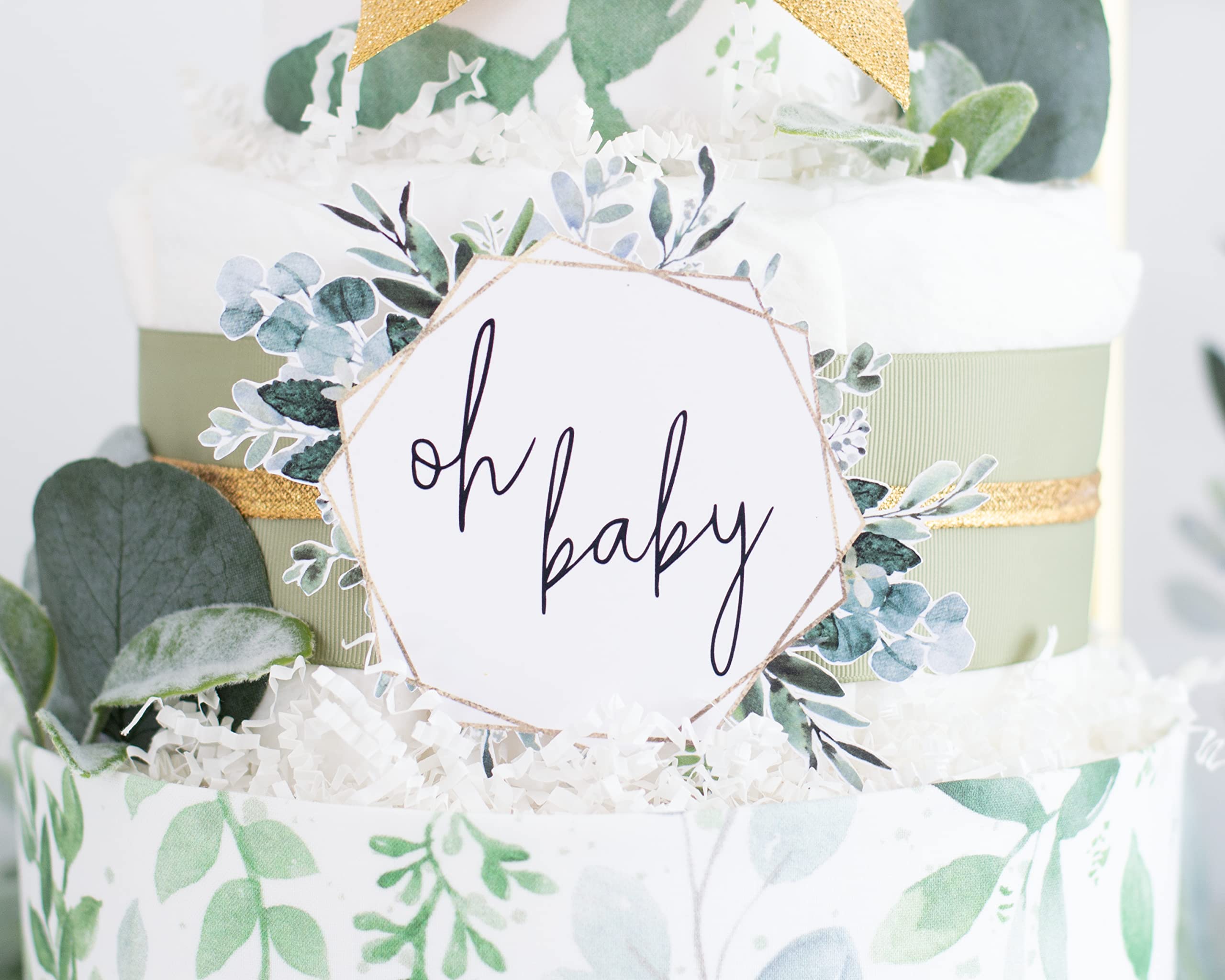 Gender Neutral Greenery Diaper Cake - Unique Baby Shower Gift & Decoration Centerpiece for Newborn Celebrations - Perfect for Baby Showers, Gender Reveals & Nursery Decor (Classic Green Design)