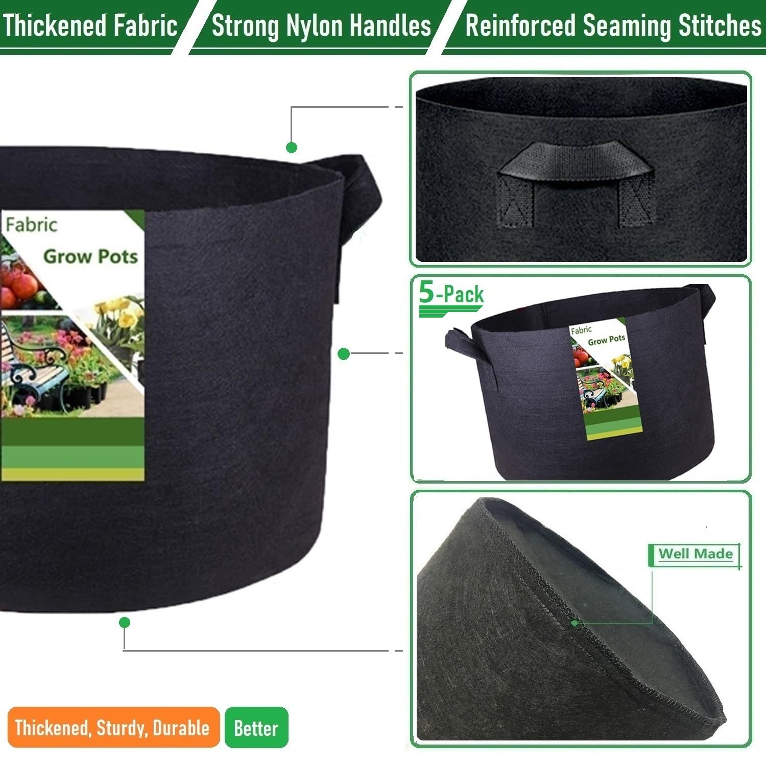 5-Pack 2 Gallon Thickened Fabric Plant Grow Bags (8x8 Inch) - Durable Nursery Pots for Herbs, Vegetables, Flowers - Ideal for Indoor/Outdoor Gardening, Balcony Planting & Container Gardening with Free Garden Gloves