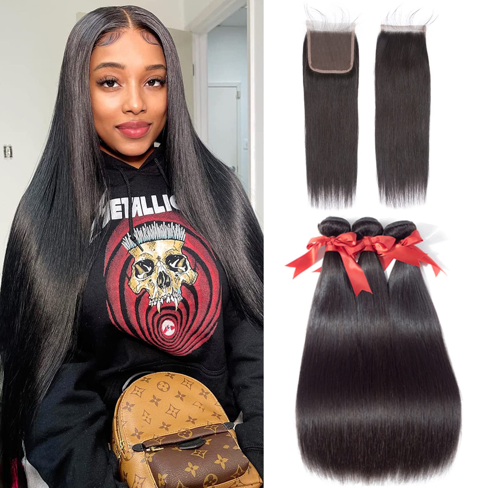 ALLRUN 100% Unprocessed Brazilian Virgin Straight Human Hair Bundles with Lace Closure - 20 22 24+18 Inch - Natural Free Part Hair Extensions for Styling & Volume | Perfect for Daily Wear, Parties & Special Occasions