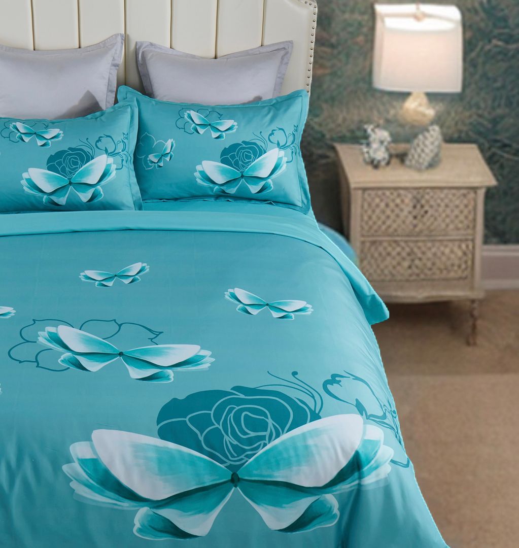 Butterfly Green Quilt Cover Set Super King Size - Luxury 100% Cotton Bedding Set for Master Bedroom, Hotel Style Home Decor, Soft & Breathable Duvet Cover with Pillowcases