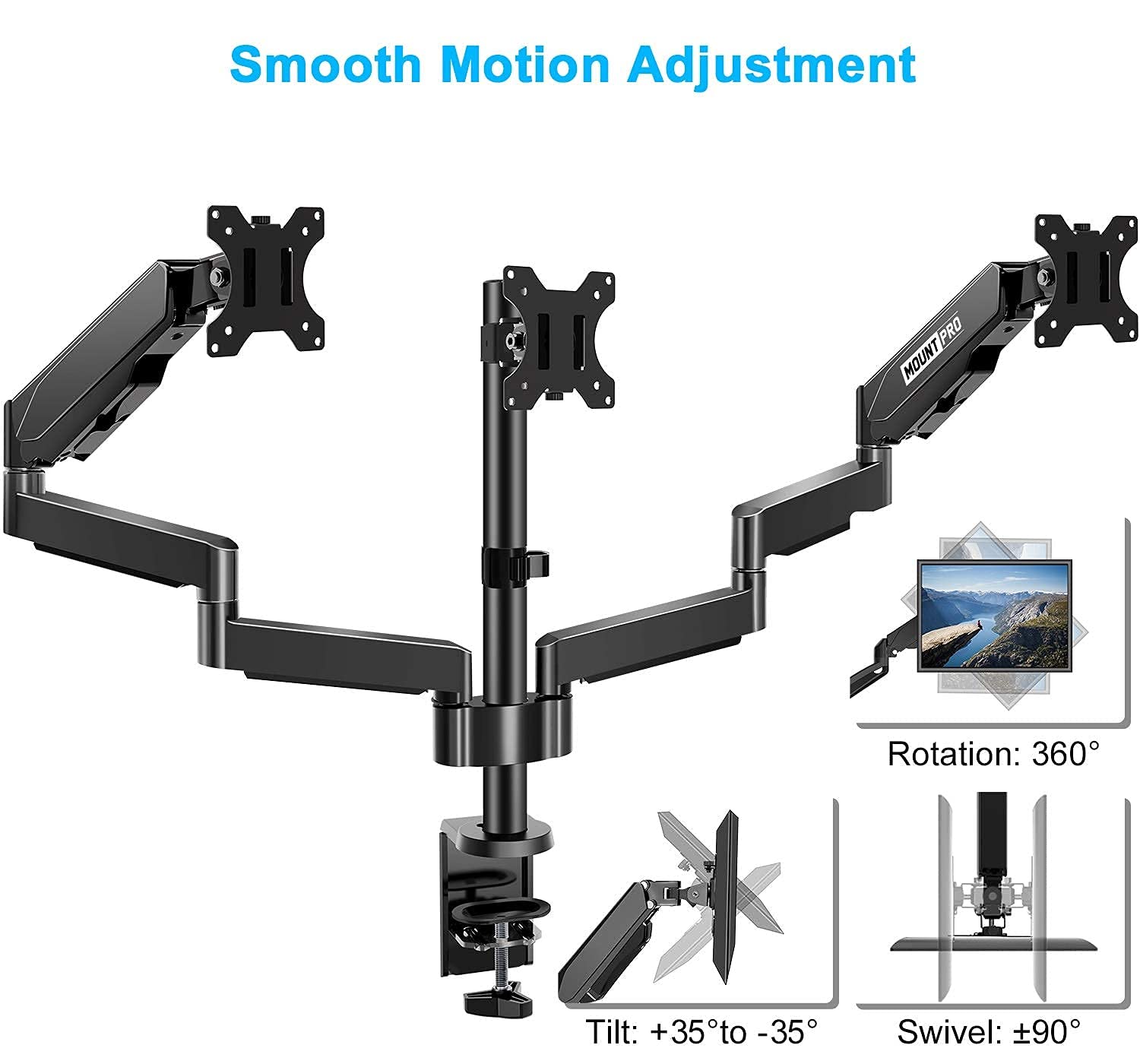MOUNT PRO Triple Monitor Stand for 13-27 Inch Screens & Dual Monitor Wall Mount for 13-32 Inch Displays - Heavy Duty Monitor Arm Holds 17.6 lbs Each - VESA 75x75 & 100x100 Compatible - Perfect for Home Office, Gaming Setup & Workspace Ergonomics
