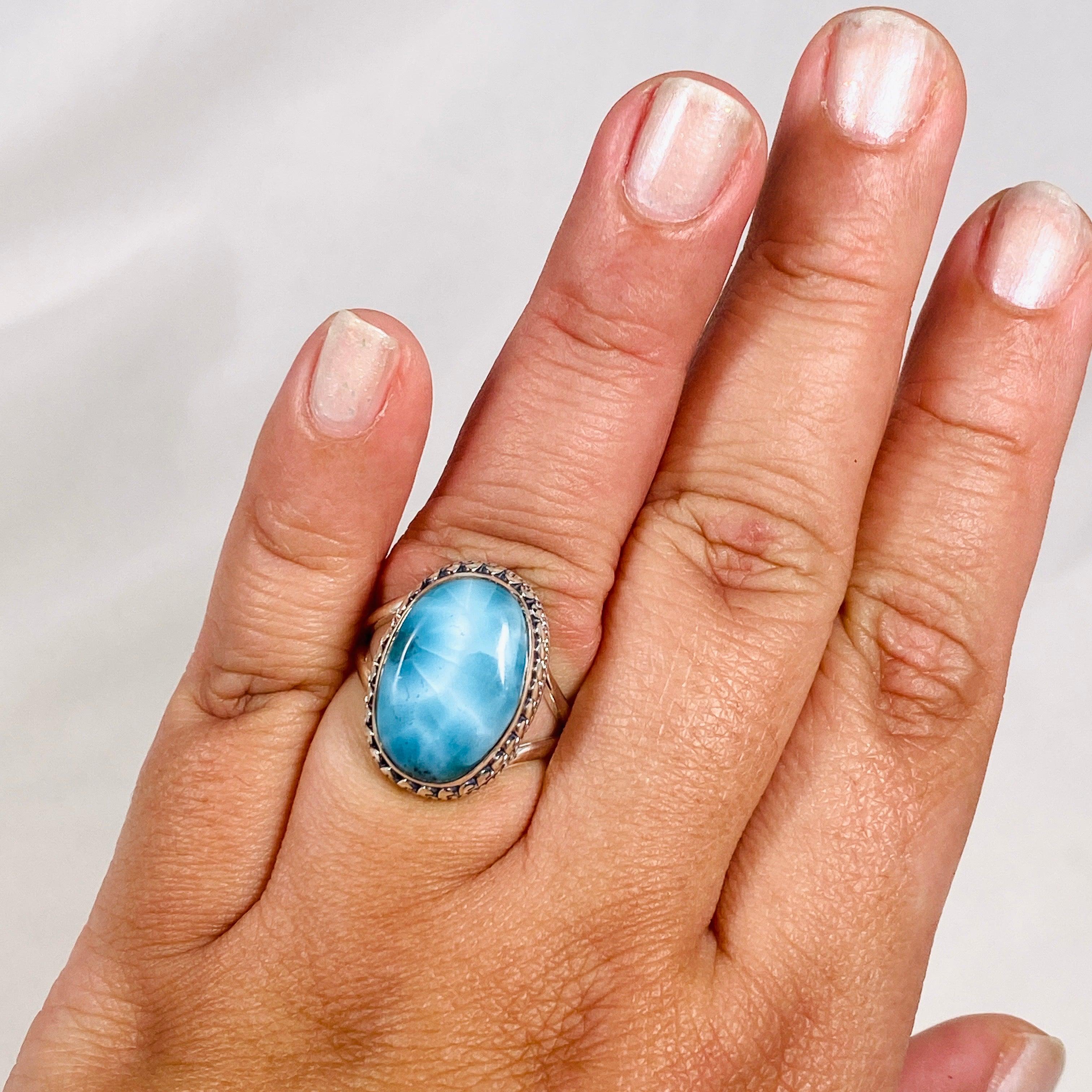 Larimar Sterling Silver Oval Filigree Ring Size 10 - Handmade Blue Gemstone Jewelry for Women, Perfect for Gifts, Weddings & Special Occasions