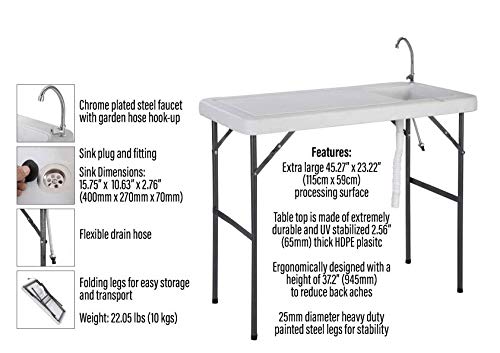 Stromberg's Portable Outdoor Folding Fish & Game Cleaning Table with Sink - Heavy Duty Stainless Steel Faucet, Upgraded Drainage Hose, White | Perfect for Camping, Hunting, Fishing & Backyard Prep
