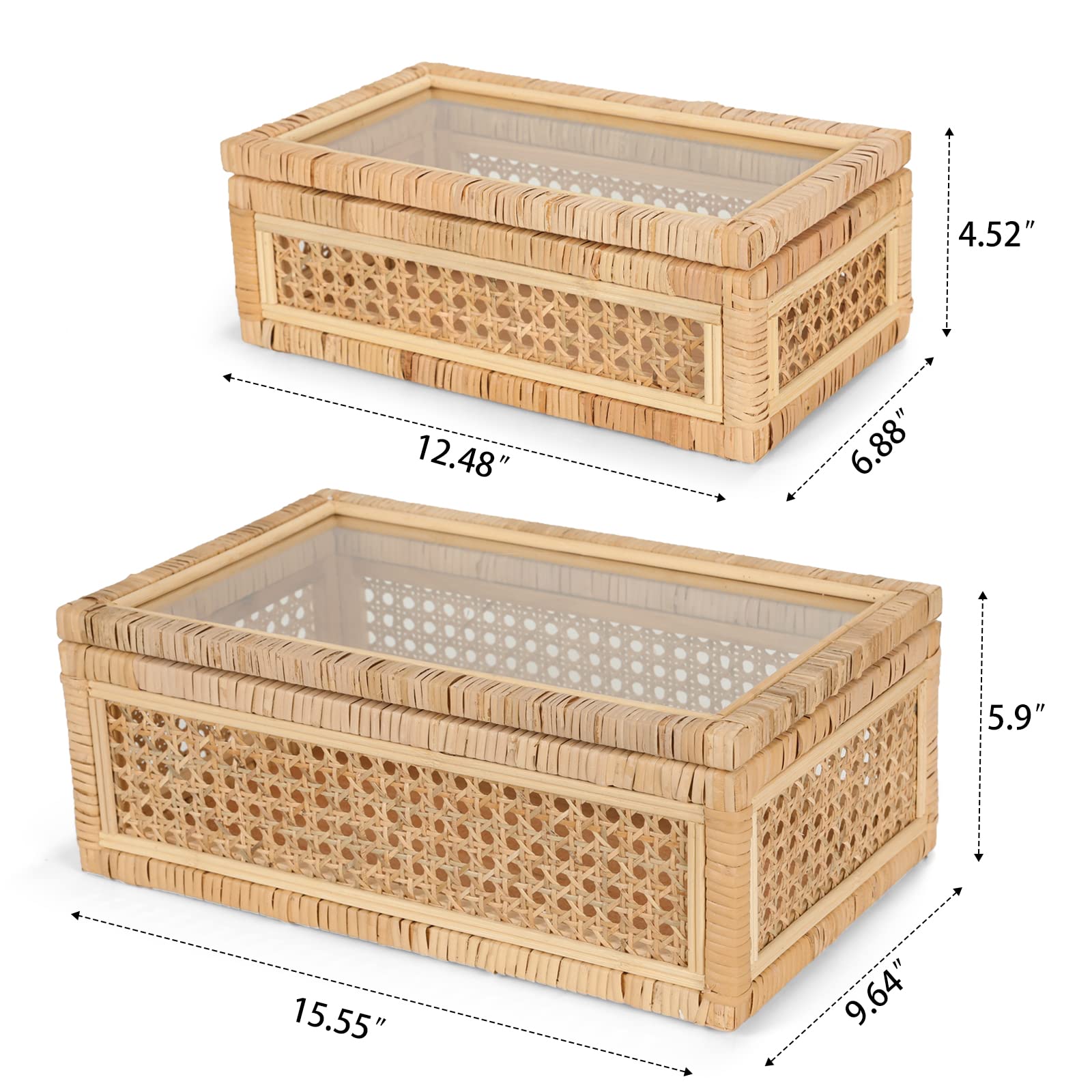 Handwoven Boho Rattan Storage Boxes with Glass Lids - Set of 2 Natural Woven Cane Organizer Bins for Home Decor, Jewelry & Bathroom Storage | Stylish Rectangular Display Box for Shelves, Dressers & Vanities
