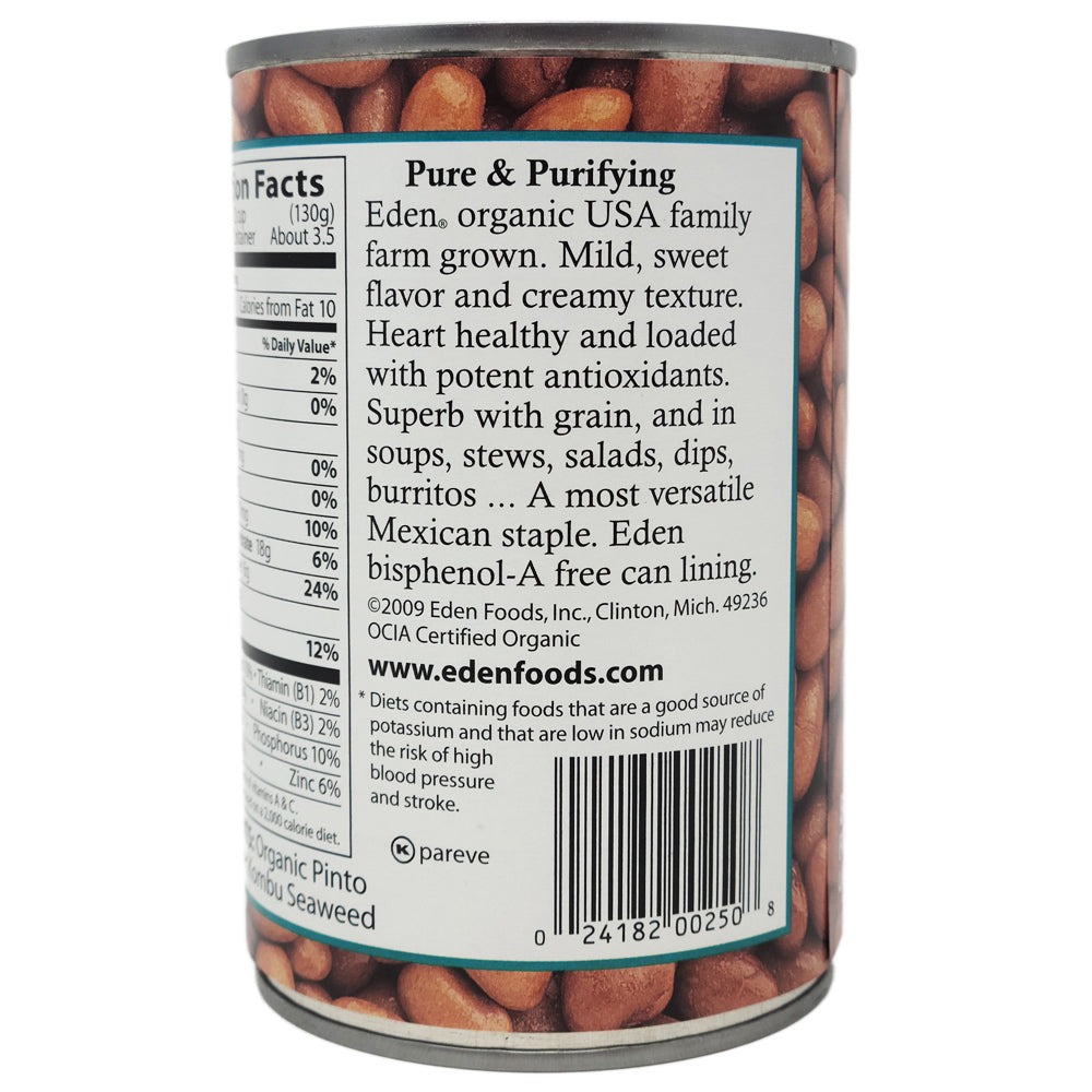 Eden No Salt Added Pinto Beans 15 oz | Organic Canned Beans | High Fiber & Protein | Perfect for Chili, Salads & Healthy Meals