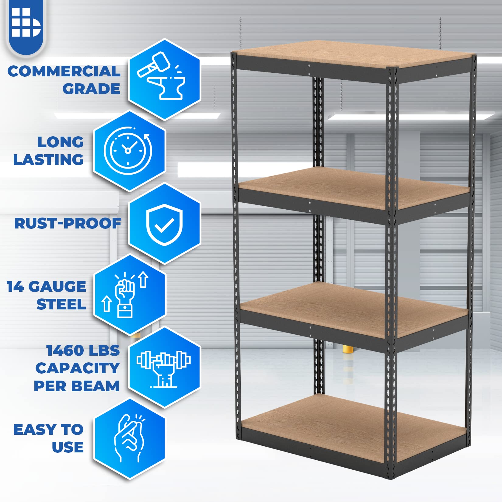 Borroughs 4-Tier Boltless Rivet-Span Shelving Unit - 14 Gauge Commercial Steel, Black Finish, 72