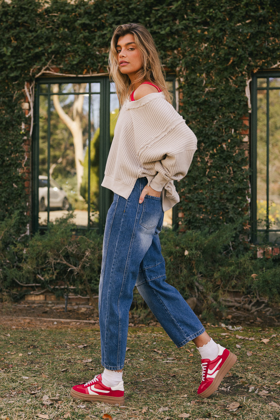 Ellis Waffle Knit Top Women's Light Grey Long Sleeve Casual Shirt - Perfect for Fall Layering, Coffee Dates & Weekend Outfits
