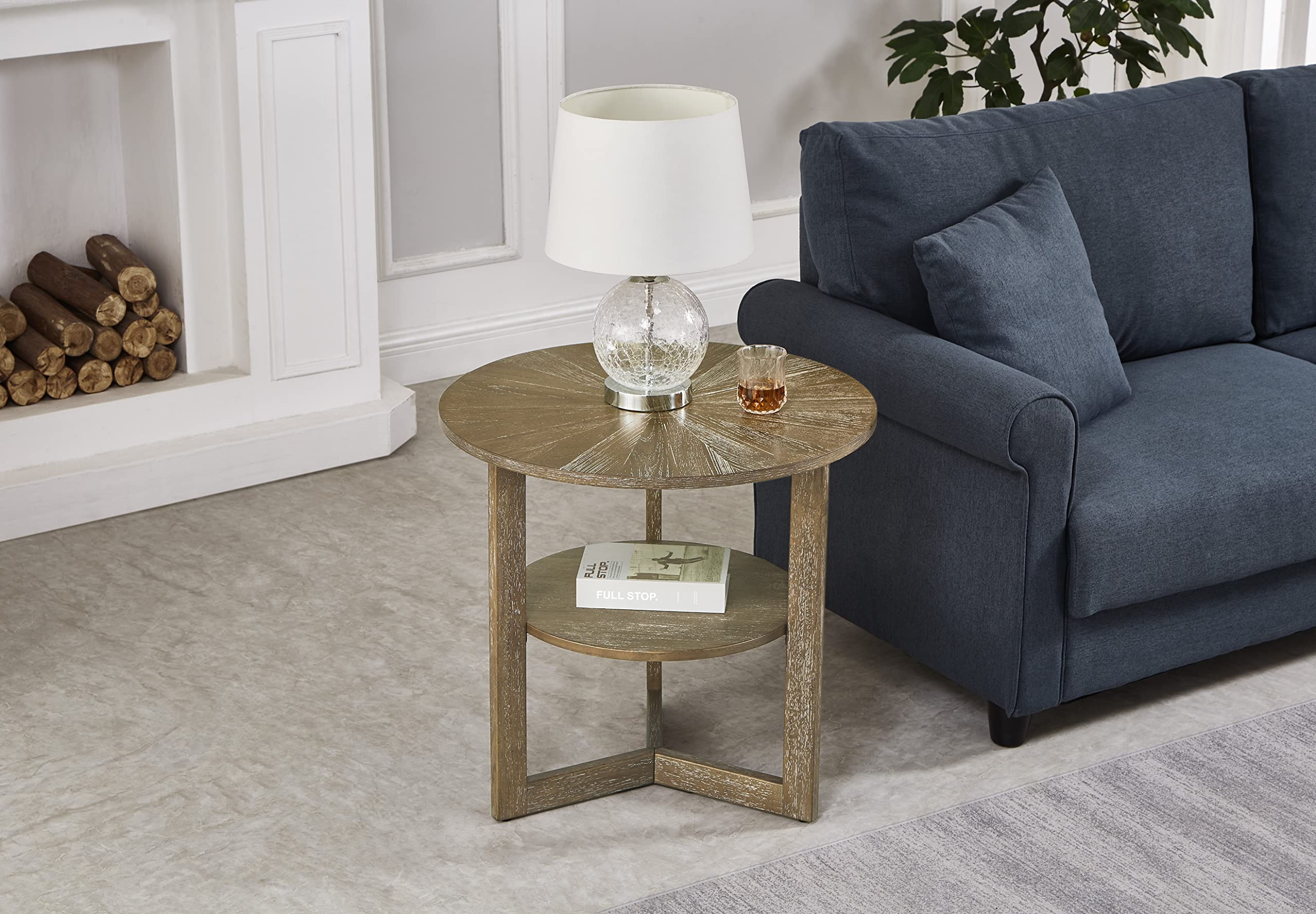 Solid Oak Round End Table with Storage Shelf - 25