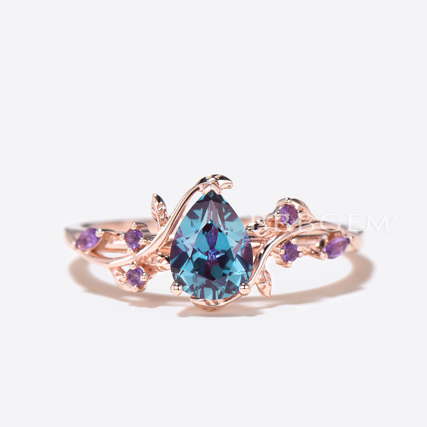 Twig Leaf Pear Color Changing Alexandrite Ring - Nature Inspired Amethyst Jewelry for Women | Perfect for Engagement, Wedding & Everyday Wear