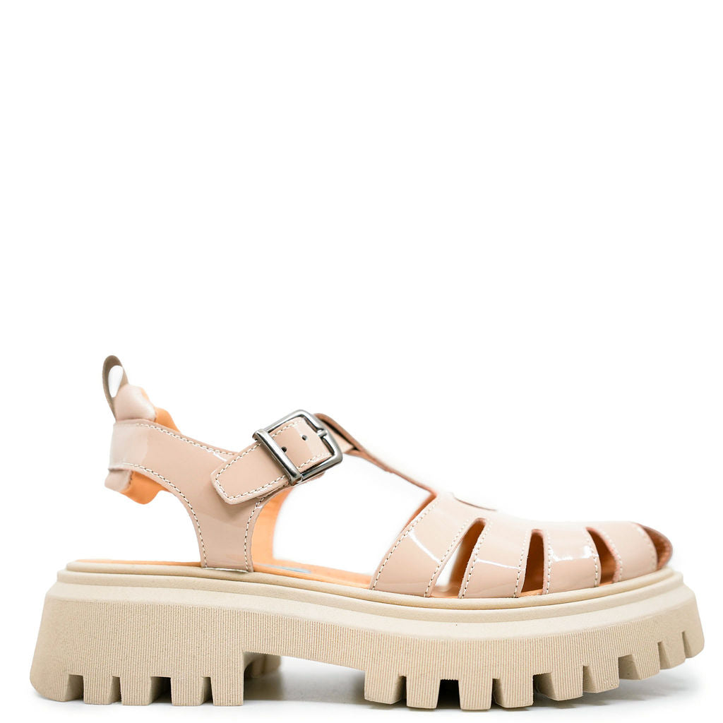 Rondinella Beige Patent Leather Gladiator Sandals with Chunky Heel - Comfortable Women's Fashion Footwear for Summer Outings & Beach Vacations