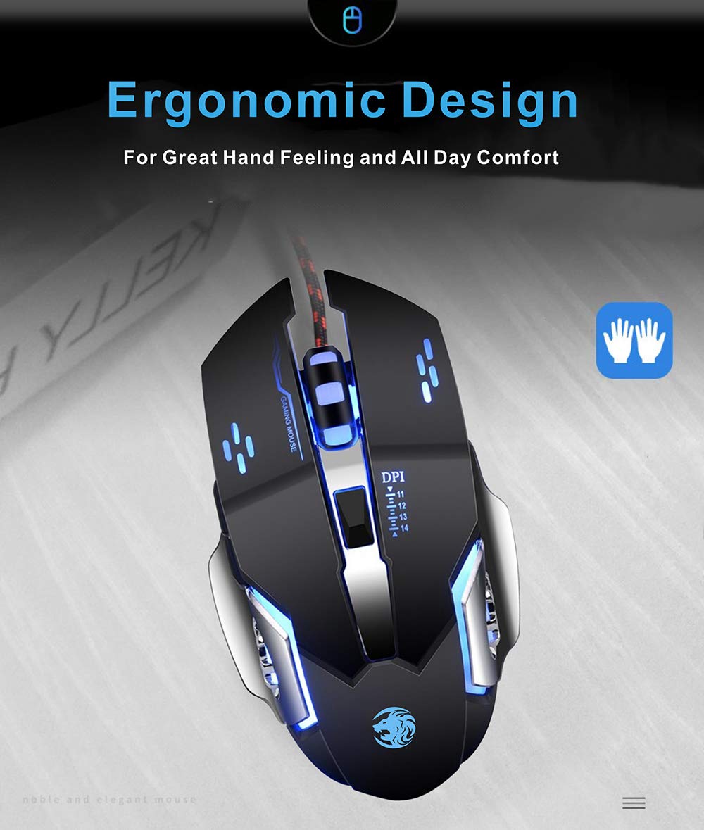 TENMOS K85 Silent Click Wired Gaming Mouse - Ergonomic USB Computer Mouse with 4 Adjustable DPI, Breathing LED Light, 6 Buttons - Compatible with PC, Laptop, Computer (Black) - Perfect for Gaming, Office, and Home Use