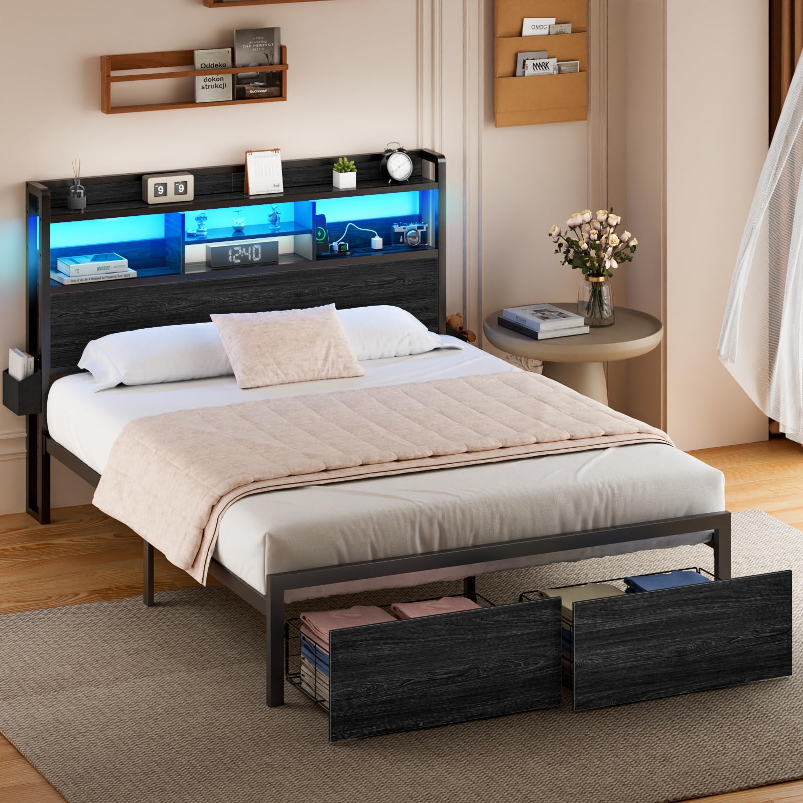 Full Size Bed Frame with Wood Headboard & Storage Drawers - Sturdy Metal Platform Bed with LED Lights, USB Charging Station & Shelf - No Box Spring Needed, Noise Free, Black - Perfect for Small Spaces, Dorms & Modern Bedrooms