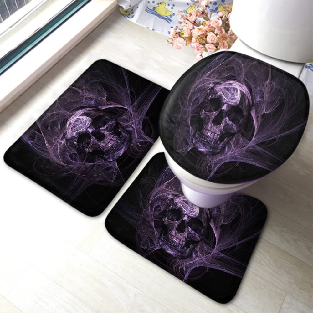 Zaueky Purple Skull 3-Piece Bathroom Rug Set - Gothic Non-Slip Bath Mat with Rubber Backing, U-Shaped Contour Rug & Toilet Lid Cover - Perfect for Halloween, Gothic Decor & Dark Theme Bathrooms