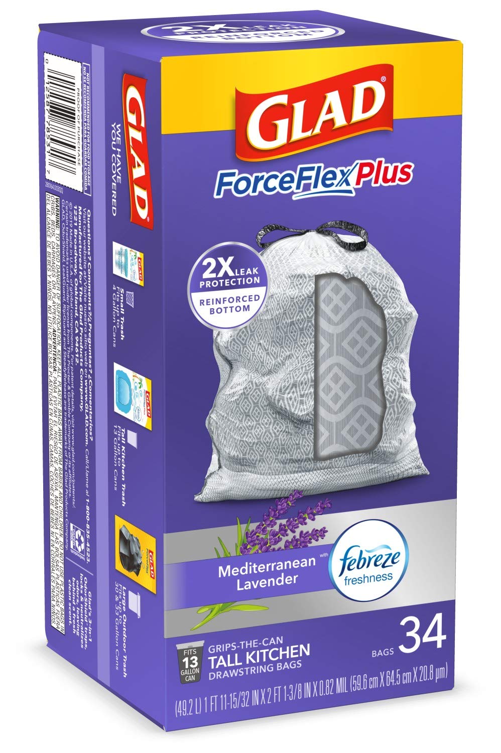 Glad ForceFlexPlus Tall 13 Gallon Drawstring Trash Bags with Febreze Freshness - Lavender Scented Heavy Duty Garbage Bags (34 Count) for Kitchen, Bathroom & Office Waste Disposal