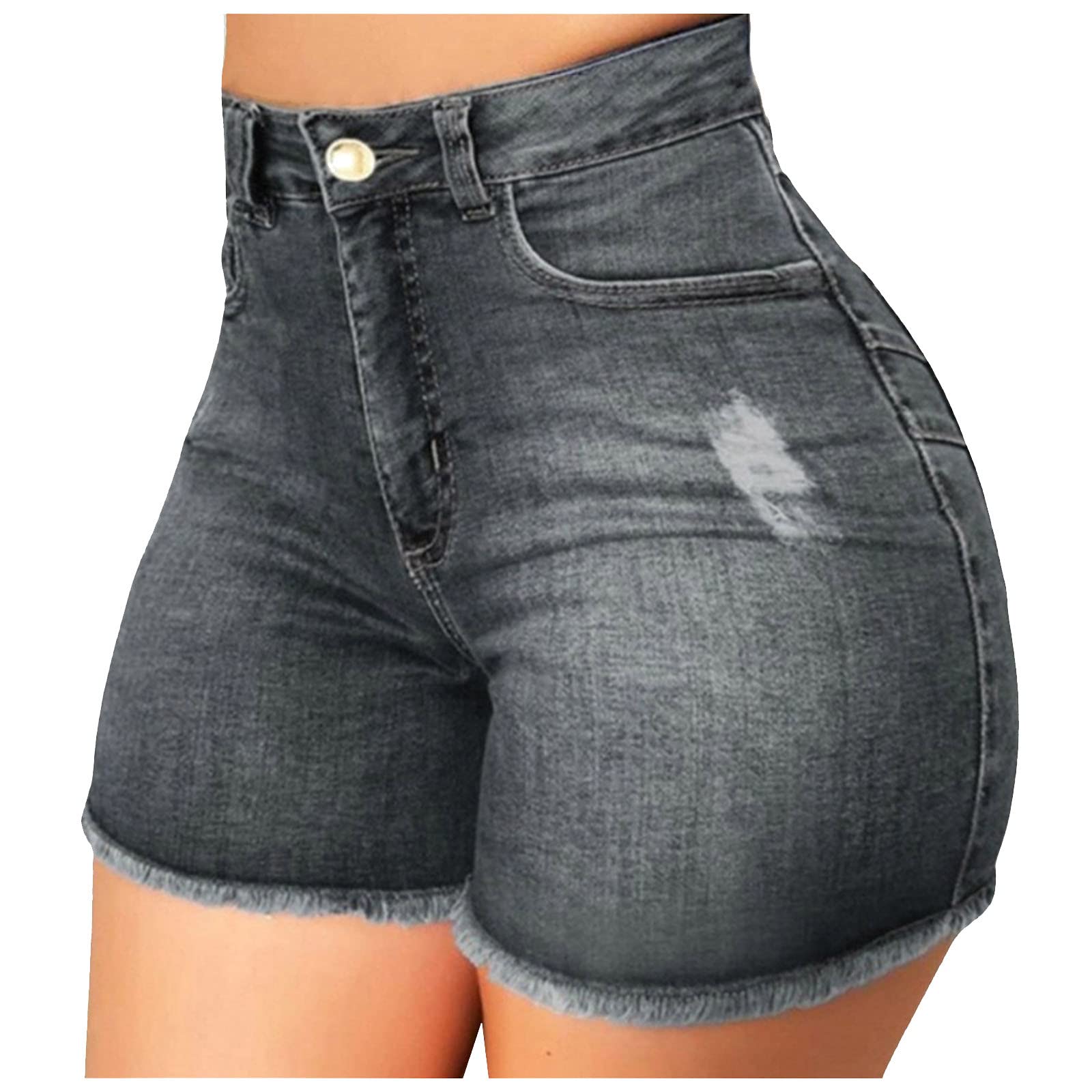 Vintage Denim Shorts for Women - High Waisted Stretchy Jean Shorts with Pockets | Casual Summer Distressed Mid Waist Shorts for Beach, Travel & Everyday Wear
