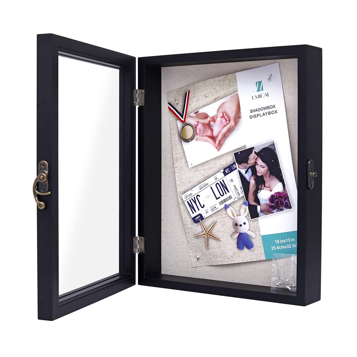 11x14 Shadow Box Display Case - Black Wood Memory Box with Linen Back & HD Plexiglass Window Door - Perfect for Keepsakes, Memorabilia, Wedding Favors, and Home Decor Display