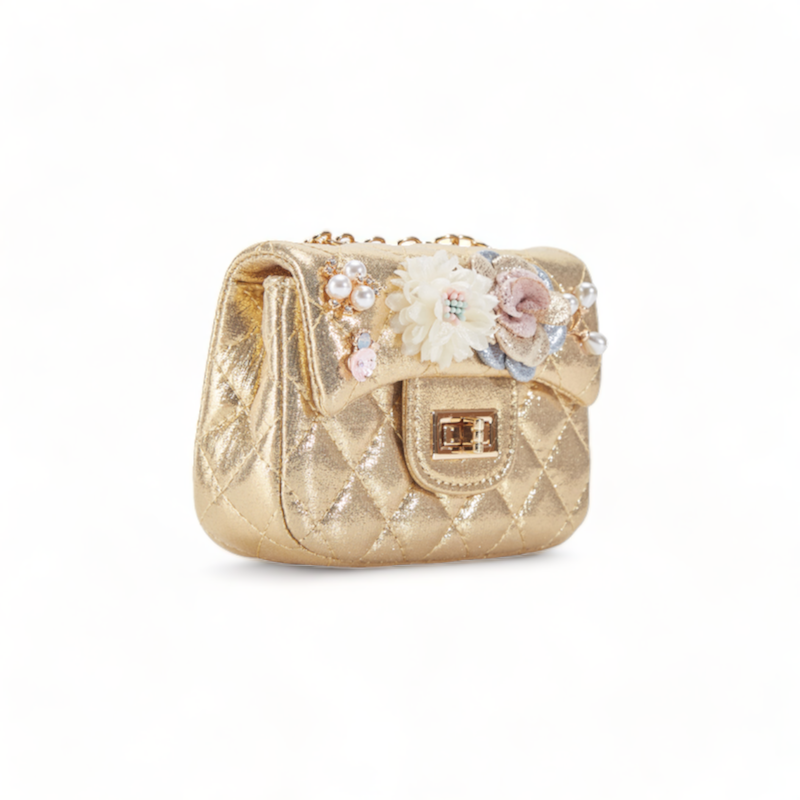 Shiny Silver Floral Applique Quilted Purse for Women - Elegant Evening Bag for Parties, Weddings & Special Occasions