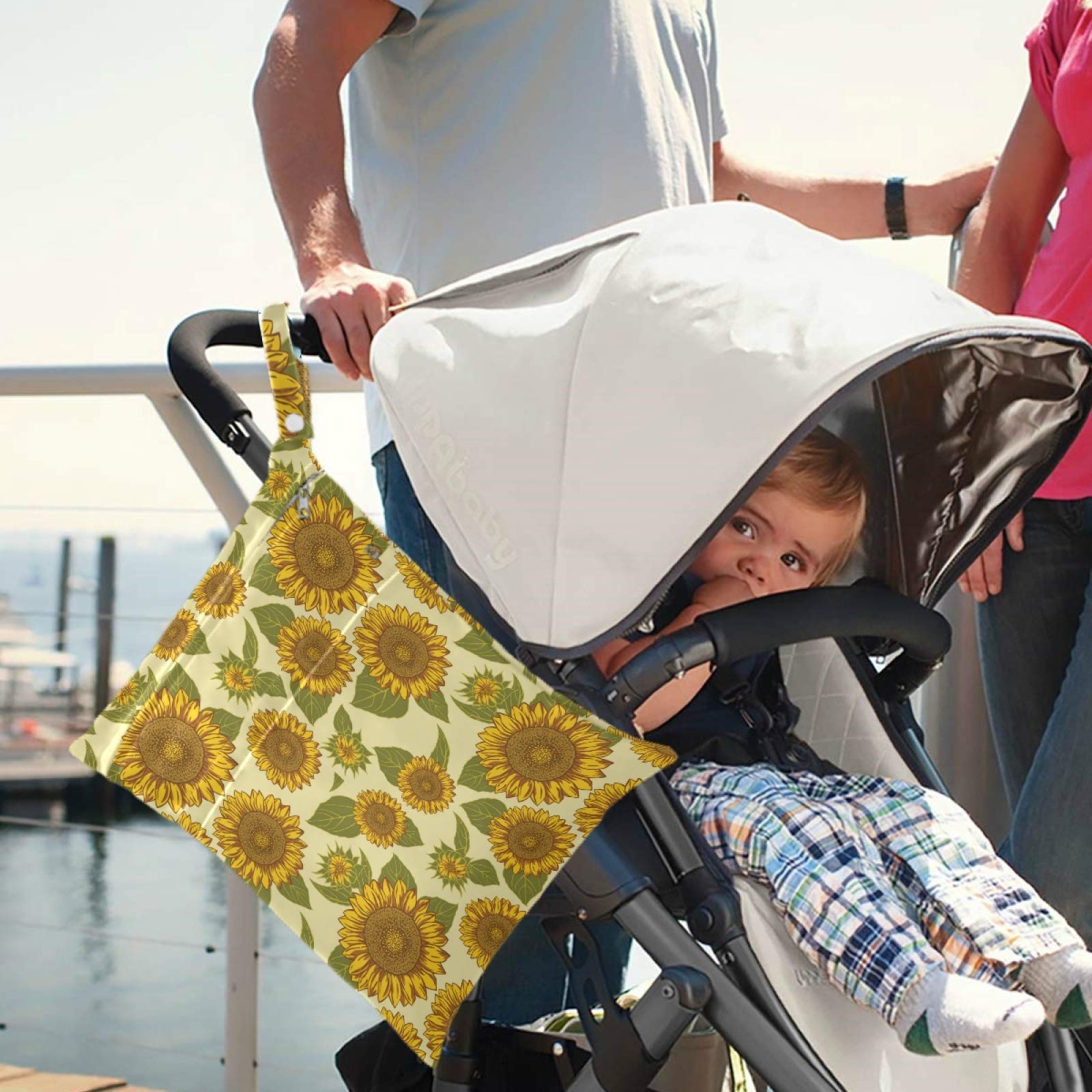 2-Pack Sunflower with Leaf Wet Bags - Waterproof Reusable Zippered Pockets for Travel, Beach, Pool & Gym | Perfect for Diapers, Swimsuits, Toiletries & Dirty Clothes (Daycare, Stroller & Sports Use)