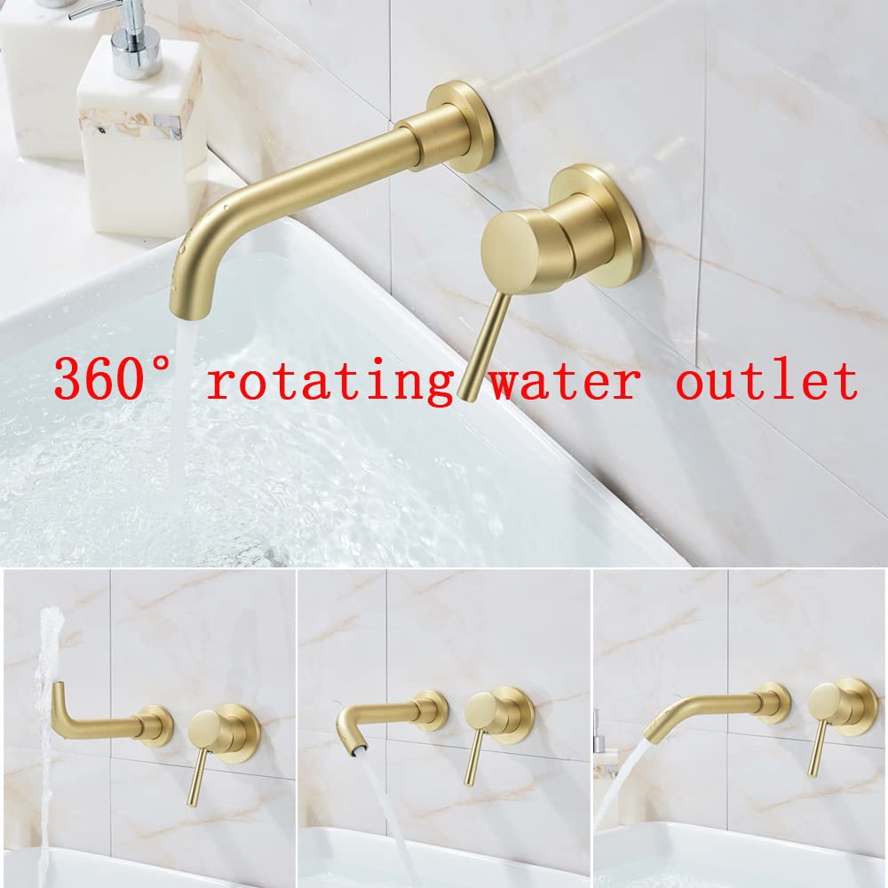 SHAUNI Brushed Gold Wall Mounted Bathroom Faucet, Single Handle Brass Bathroom Sink Faucet with Swivel Spout - Perfect for Modern Bathrooms, Powder Rooms & Vanities