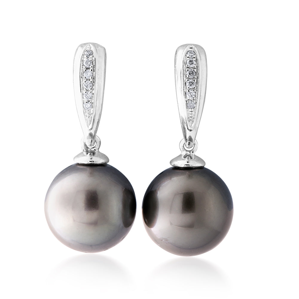 9ct White Gold Tahitian Pearl & Diamond Drop Earrings – Elegant Dangle Earrings for Women, Perfect for Weddings, Parties & Special Occasions