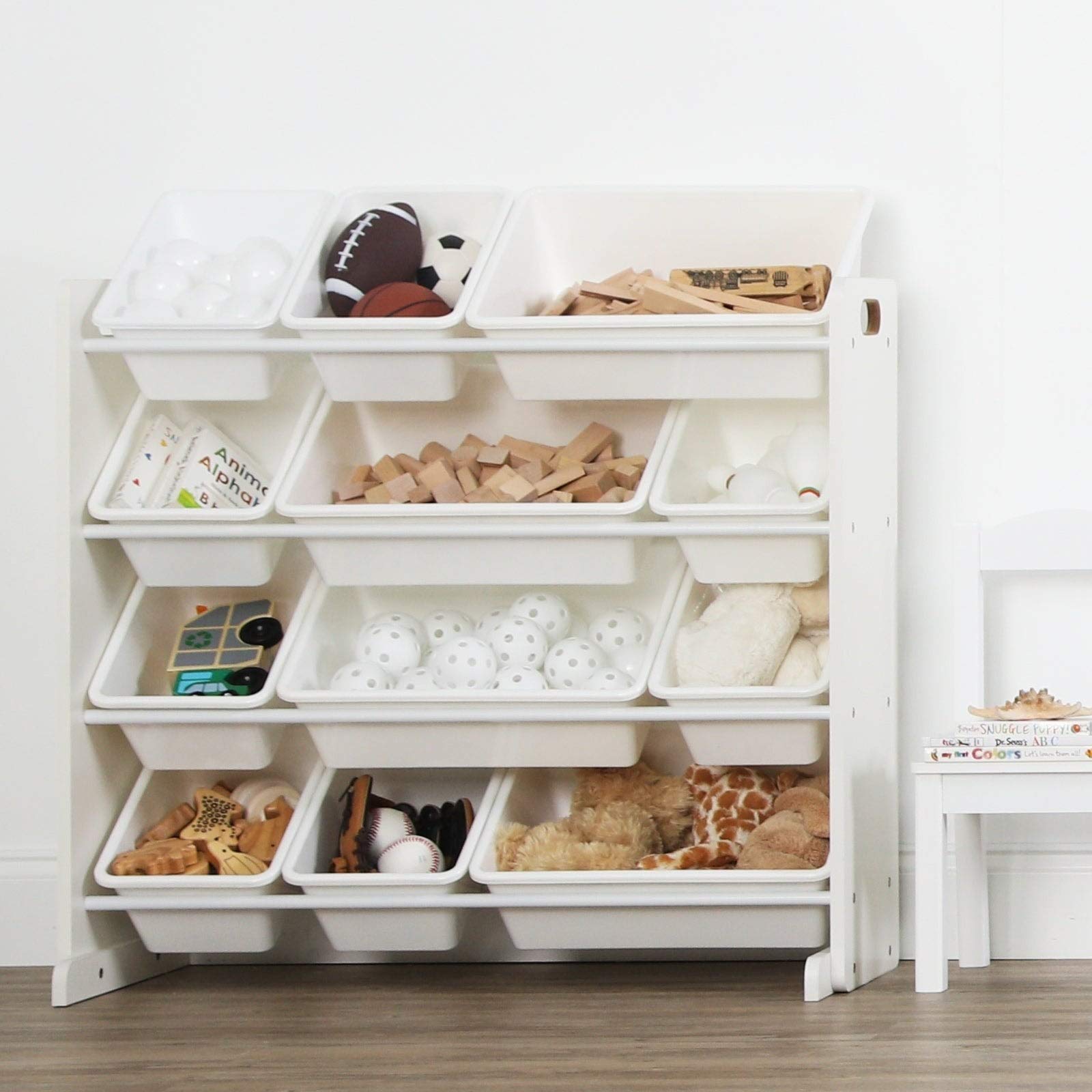 Kids Toy Storage Organizer with 12 Plastic Bins - White Toy Box for Bedroom & Playroom Organization - Easy Assembly with Included Hardware