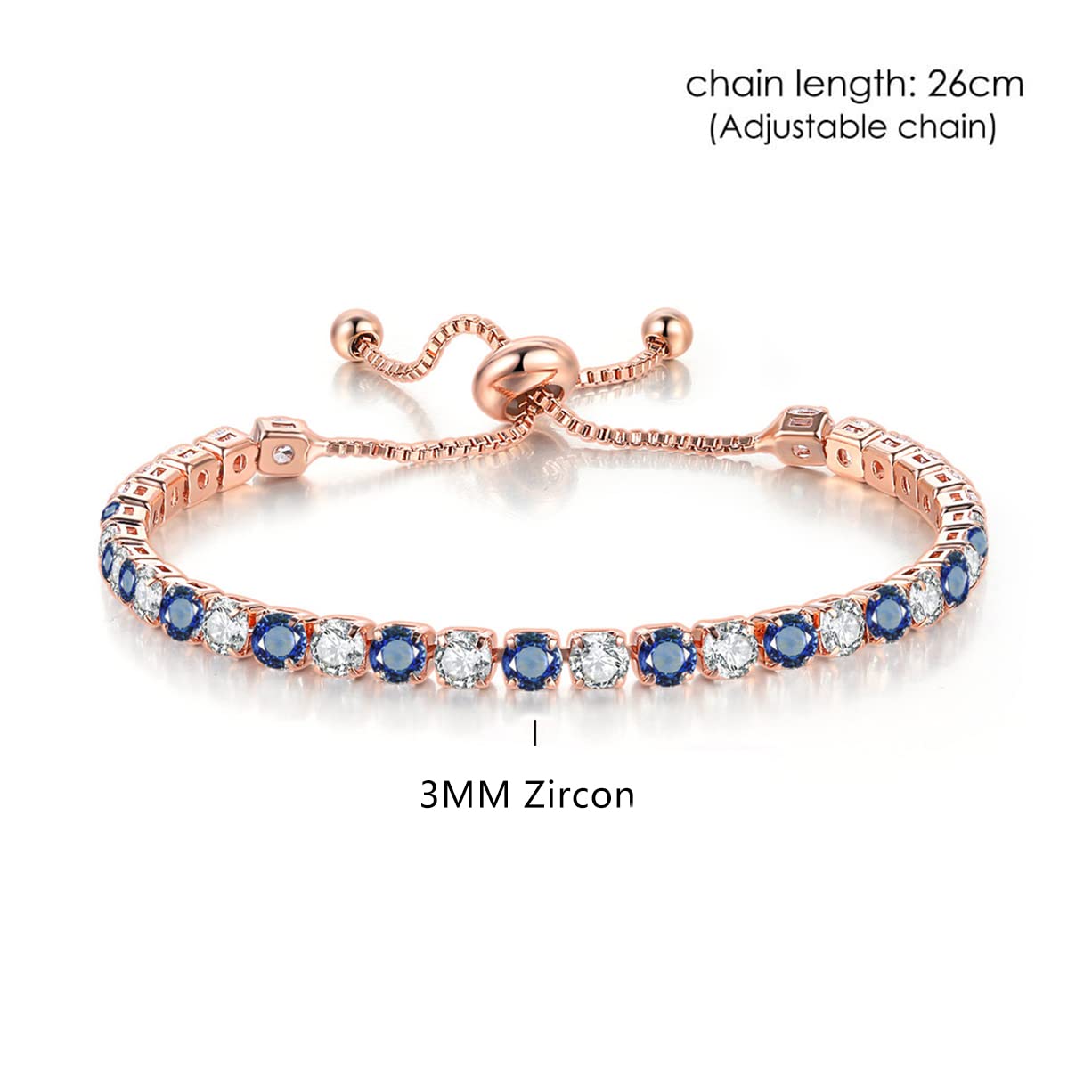 Elegant Tennis Bracelet for Women - 3x3mm Round Zircon Stones in Rose Gold Plated (Blue White) | Perfect for Weddings, Parties & Everyday Wear