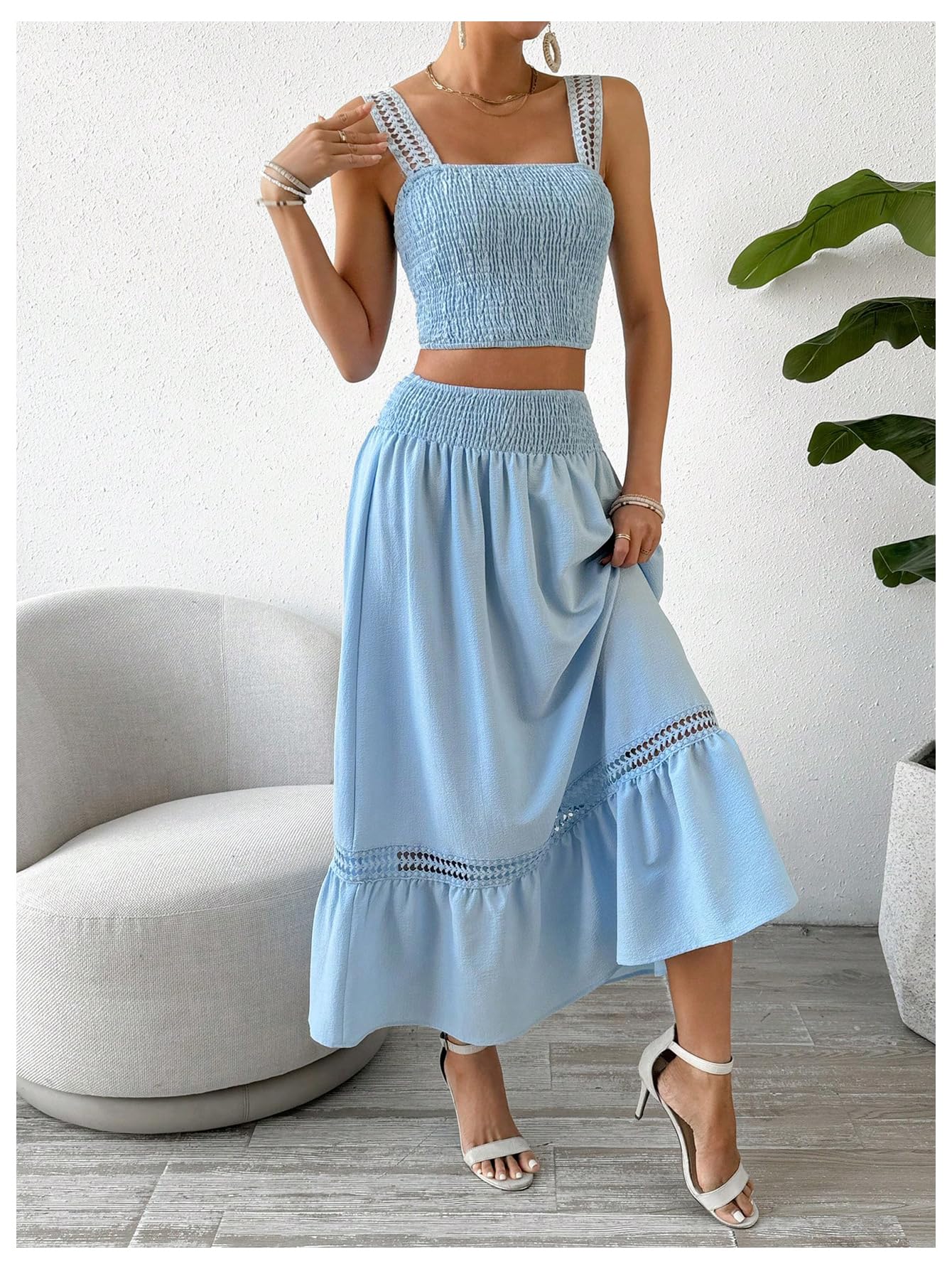 SweatyRocks Women's Summer Outfit Set - Floral Print Shirred Crop Camisole Top & Ruffled Hem Skirt 2 Piece Set | Casual Beach Wear, Vacation Outfits, Date Night Dresses
