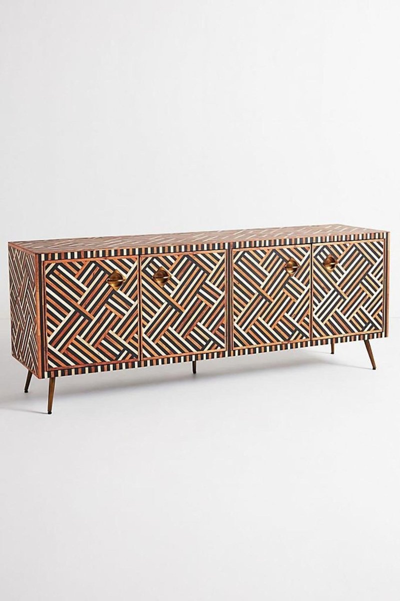 Handmade Bone Inlay TV Stand with 4 Doors - Brown Entertainment Center for Living Room, Media Console with Storage for TV & Electronics