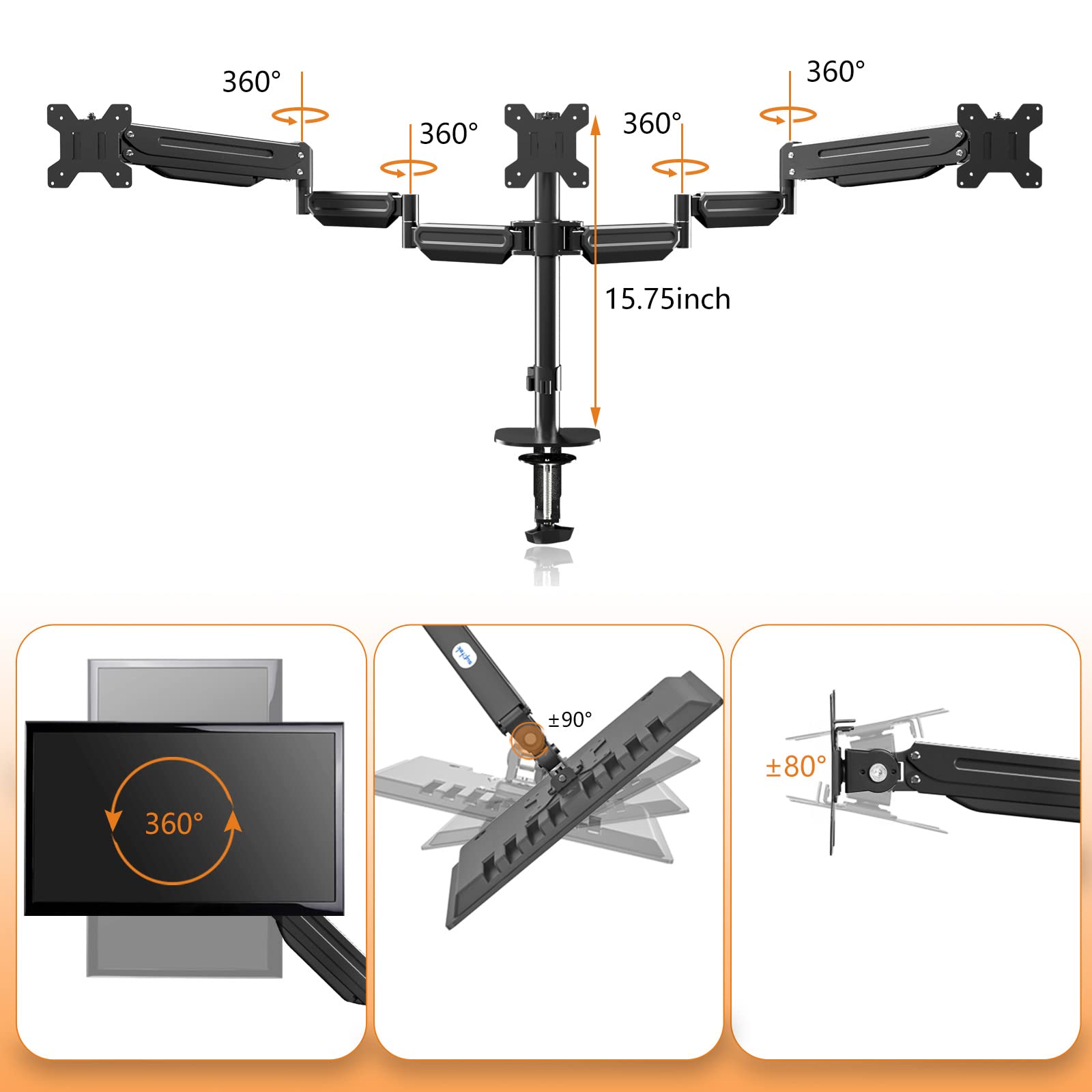 Pholiten Triple Monitor Stand with Gas Spring Arm - Heavy Duty 3 Monitor Mount for 17-32 Inch Screens (Up to 22lbs) - Perfect for Gaming, Office Work & Multi-Tasking Setup