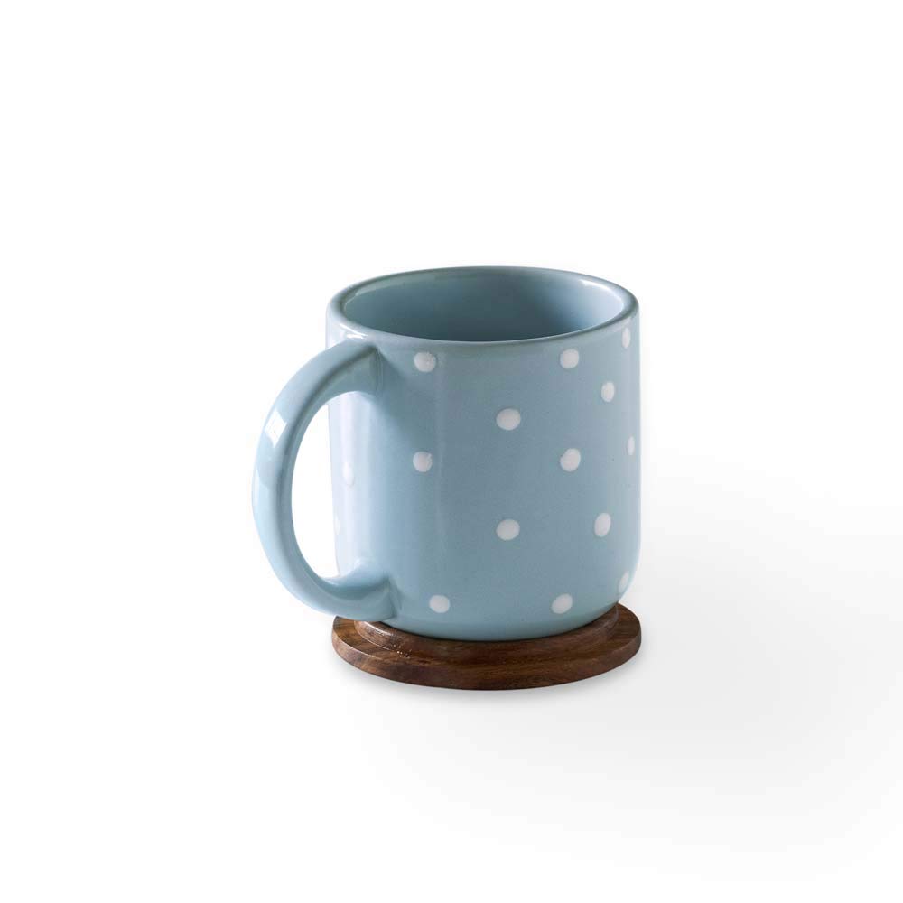 Ellementry 250ml Ceramic Coffee Mug with Wooden Lid - Stylish Polka Dot Design for Tea, Milk & Hot Drinks, Dishwasher Safe - Perfect for Office, Home & Birthday Gifts (Great for Morning Coffee, Afternoon Tea & Cozy Home Use)
