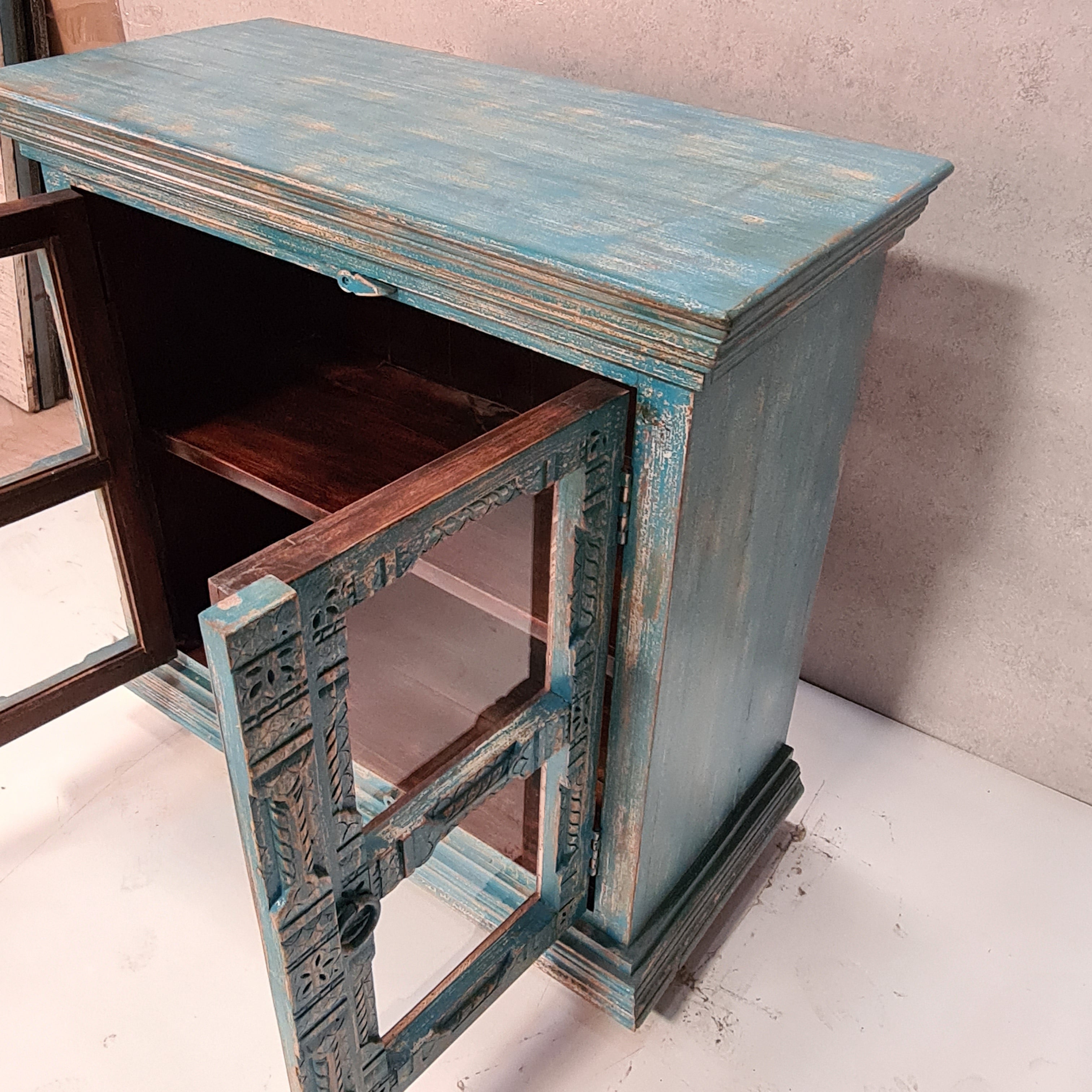 Handcrafted Indian Solid Hardwood Carved Cabinet with 2 Doors - Blue, 96x45x97cm - Perfect for Living Room, Bedroom & Home Office Storage