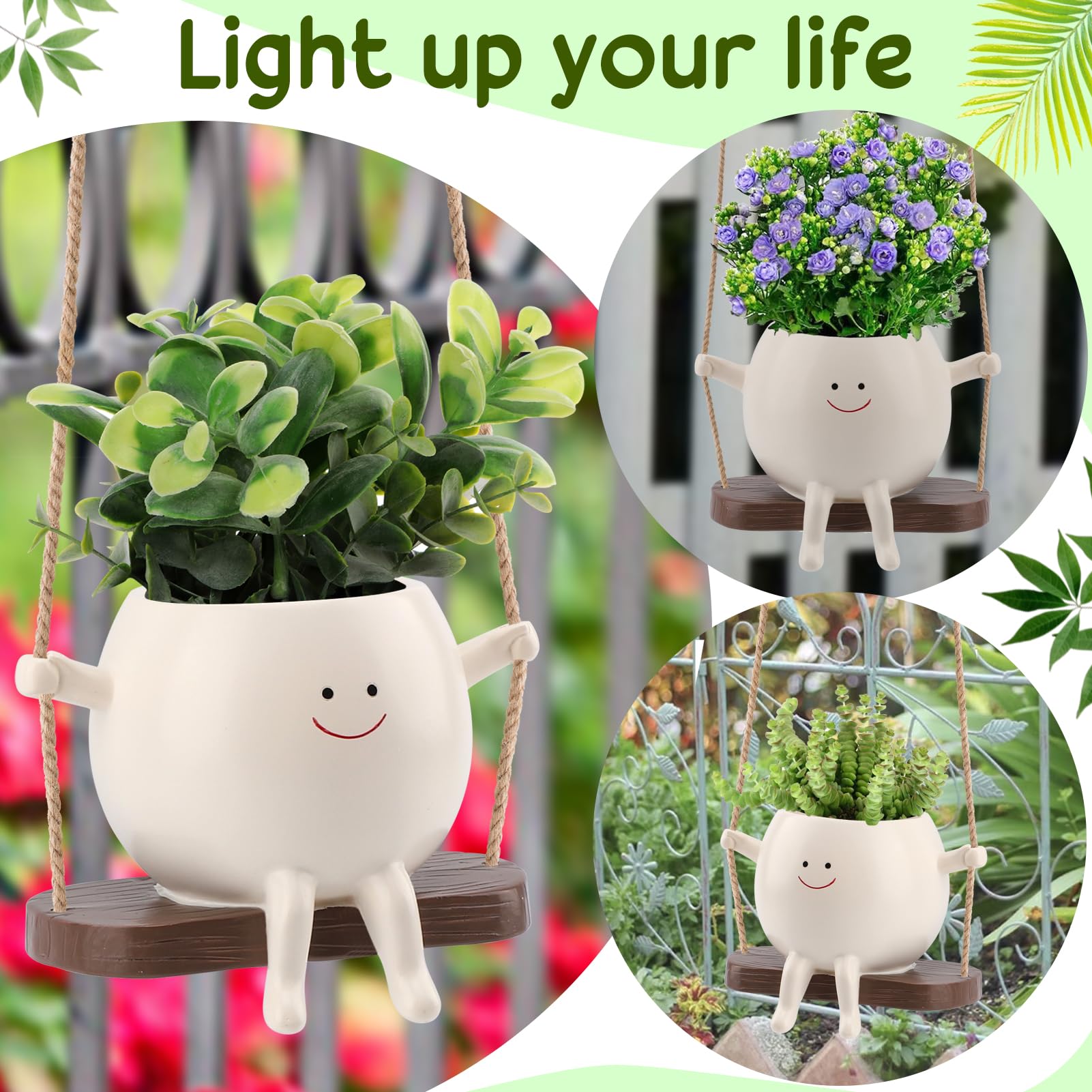 Smiley Face Hanging Planter Pot - Glossy Indoor/Outdoor Flower Pot for Succulents, String of Pearls & Plants | Cute Swing Planter for Home Decor, Garden, Balcony & Patio