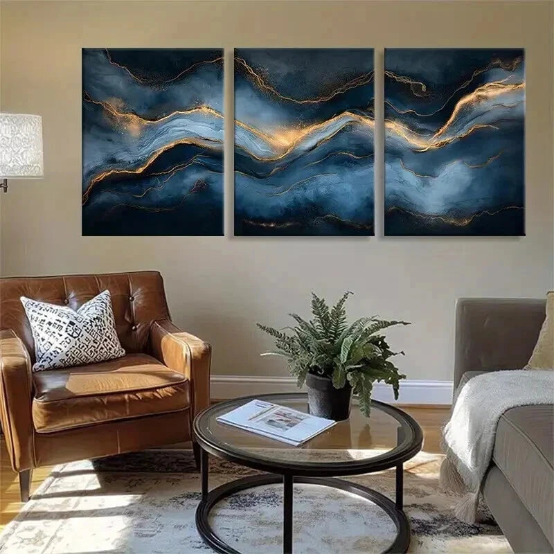 3-Piece Abstract Blue and Gold Marble Wall Art Set - 50x70cm Framed Canvas Prints | High-Quality Australian Made | Ready to Hang | Perfect for Living Room, Bedroom & Office Decor