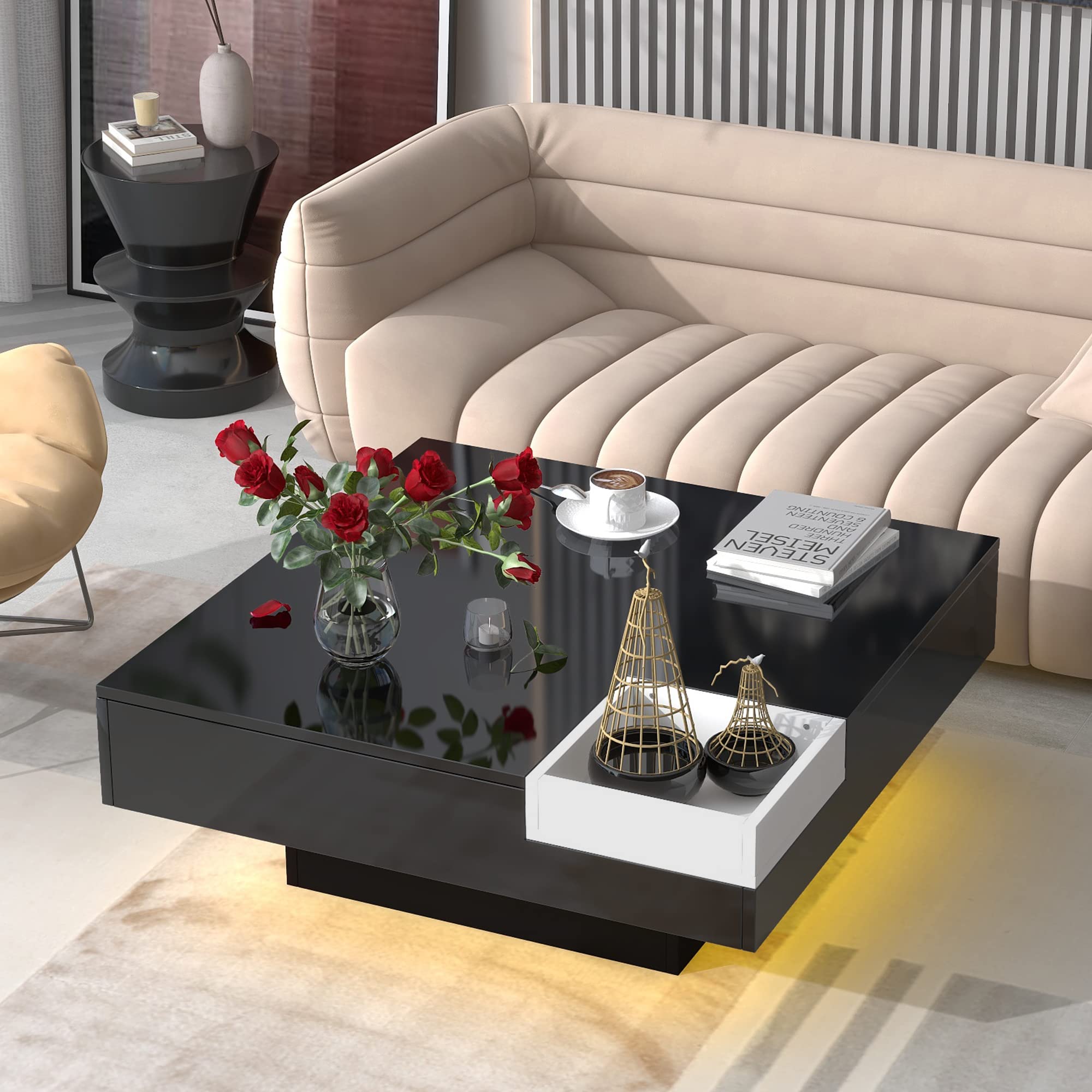 Modern LED Coffee Table with 16-Color Lights & Remote - Living Room Centerpiece
