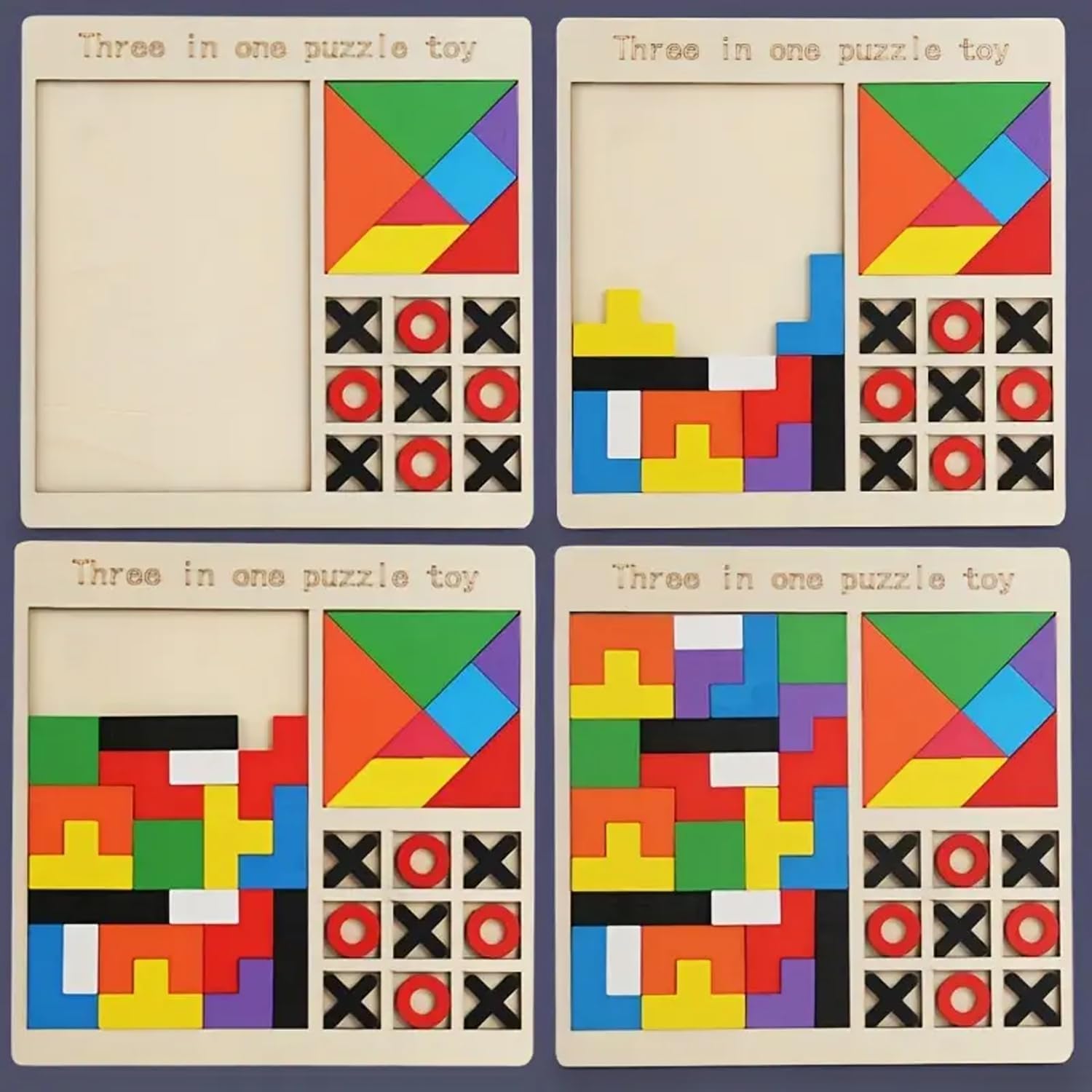 Dyomnizy Wooden Educational Tangram Puzzle Game for Kids - 3-in-1 Tic-Tac-Toe, Chess & Block Puzzle Set | Montessori Learning Toy for Preschoolers | Perfect for Classroom, Travel & Family Game Night