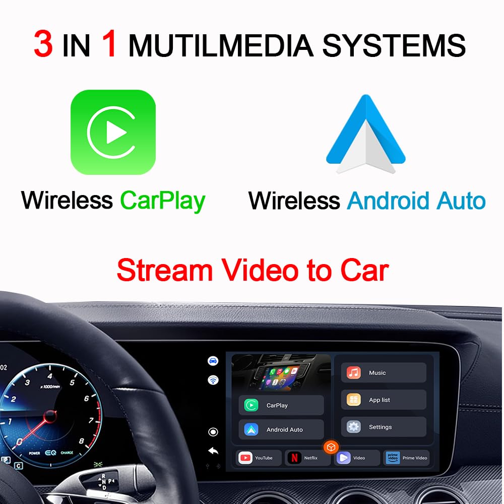 Wireless CarPlay Adapter & Android Auto Streaming Box - Watch Netflix, YouTube, Disney+, Prime Video in Car | Plug & Play for Factory Wired CarPlay Vehicles | Perfect for Road Trips, Commuting & Entertainment On-The-Go