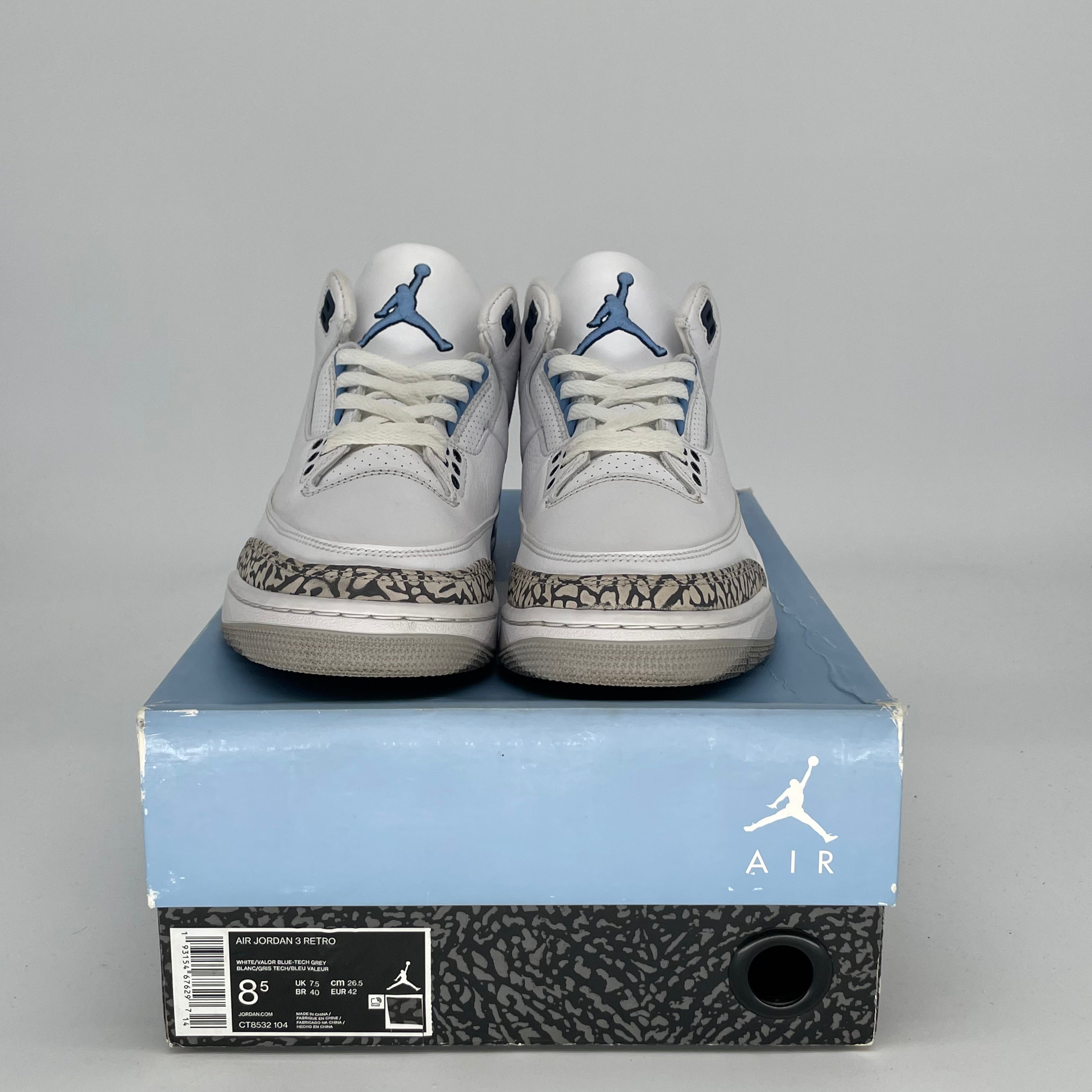 AIR JORDAN 3 UNC Sneakers - Men's Size 8.5/Women's Size 10 - Style CT8532-104 - Classic Blue & White Basketball Shoes for Casual Wear & Sports