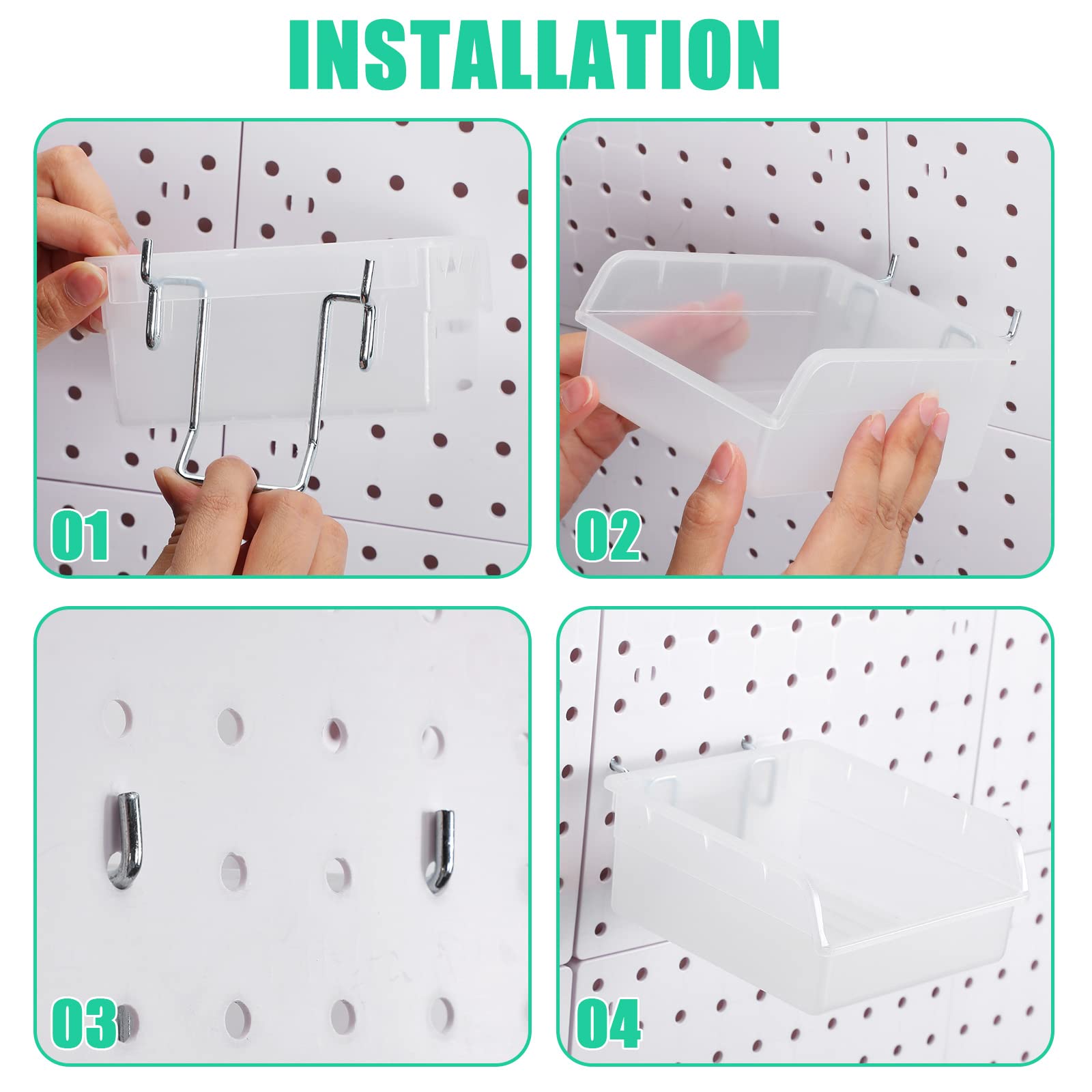 Roowest 60 Pcs Clear Pegboard Organizer Set with Hooks & Bins - Wall Mount Storage Solution for Office, Garage, Craft Room & Workshop Accessories Organization