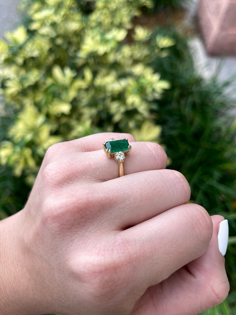 2.78tcw 18K Gold Natural Emerald Cut & Brilliant Round Diamond Three Stone Ring - Deep Dark Alpine Green Gemstone Jewelry for Engagement, Wedding & Anniversary Gifts